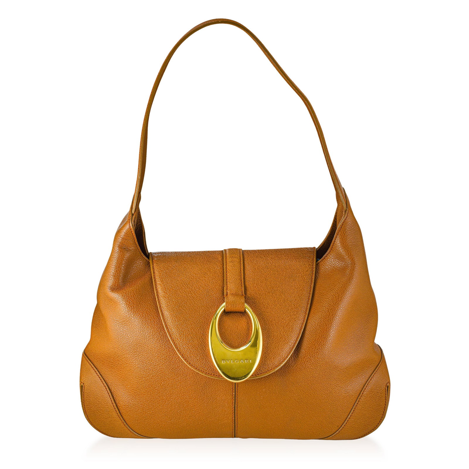 Bulgari Hobo Shoulder Bag - Grained Leather, Cognac Brown: ESTIMATED RETAIL PRICE: Variable* *This is the estimated value a piece of similar quality, craftsmanship, and characteristics could command at retail. This Bulgari shoulder bag appears to be a Judy