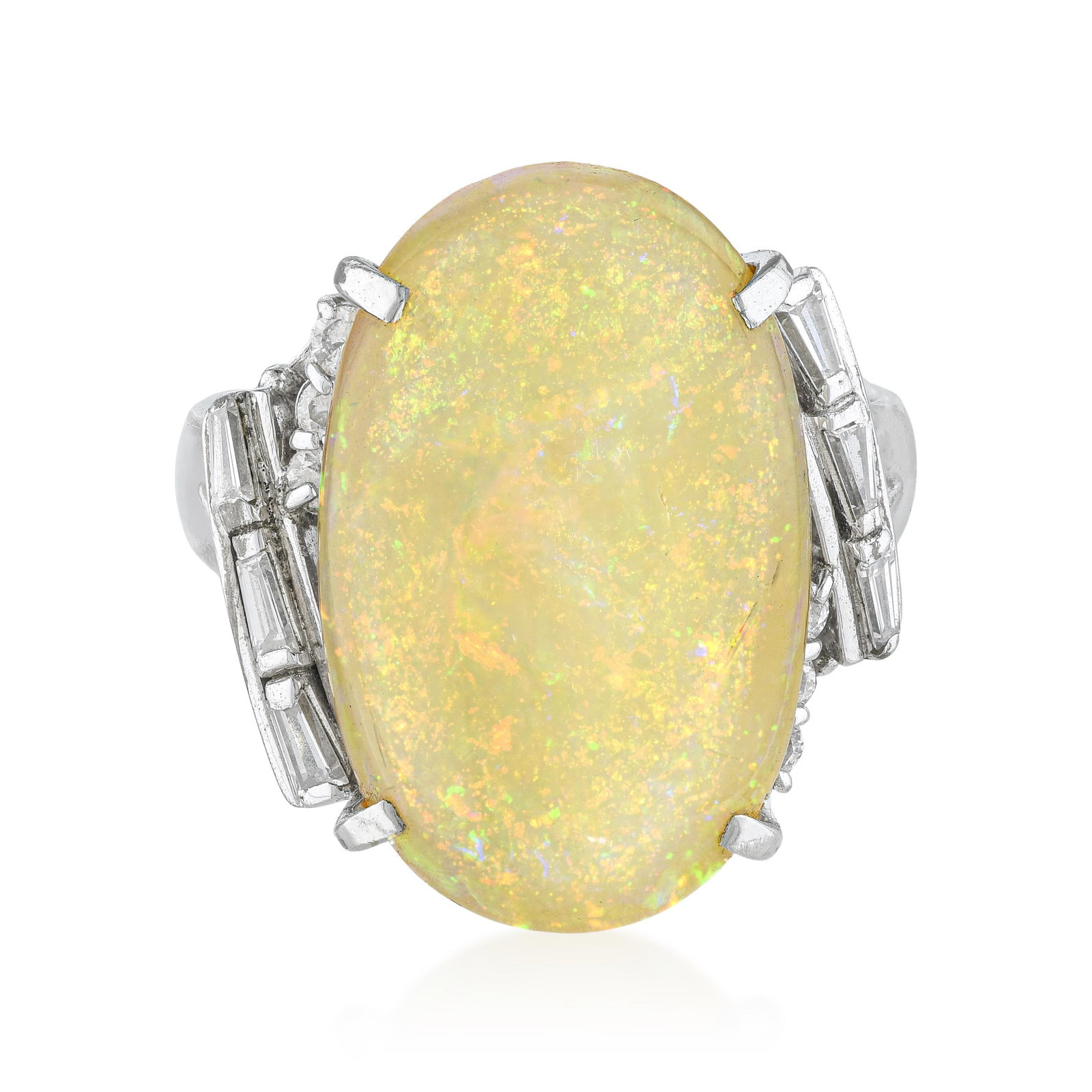 White Opal and Diamond Ring: ESTIMATED RETAIL PRICE: $4,800 * *This is the estimated value a piece of similar quality, craftsmanship, and characteristics could command at retail. White opal shows its play-of-color against a