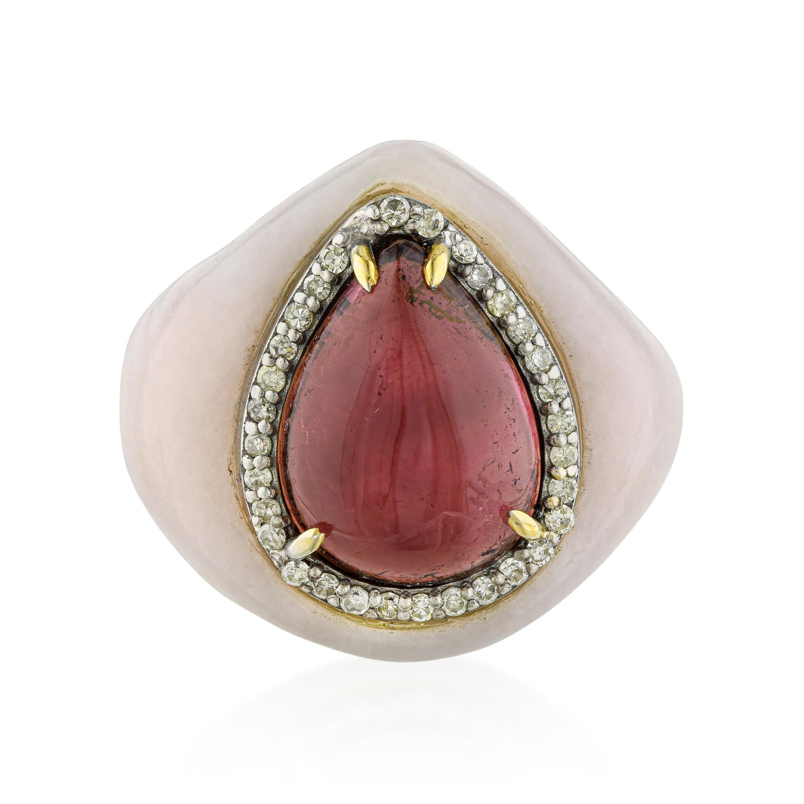 Pink Opal and Rubellite Diamond Ring: ESTIMATED RETAIL PRICE: $1,200 * *This is the estimated value a piece of similar quality, craftsmanship, and characteristics could command at retail. Pink opal, with its opaque to semi-translucent