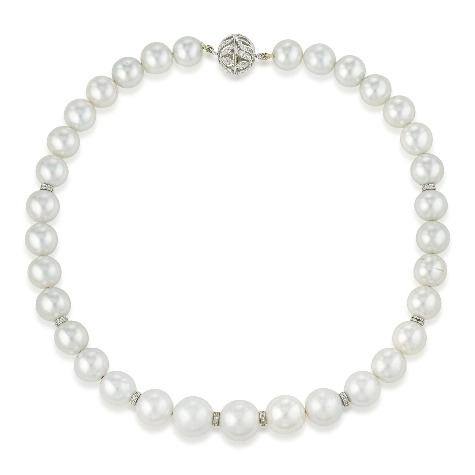 Pearl and Diamond Necklace: ESTIMATED RETAIL PRICE: $22,000* *This is the estimated value a piece of similar quality, craftsmanship, and characteristics could command at retail. Graduated pearls from 10 to 14mm produce a visual