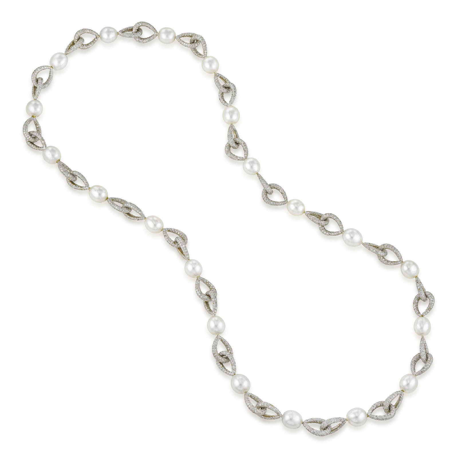 Pearl and Diamond Long Necklace: ESTIMATED RETAIL PRICE: $55,000* *This is the estimated value a piece of similar quality, craftsmanship, and characteristics could command at retail. Nearly thirty carats of H-I/SI diamonds threaded t