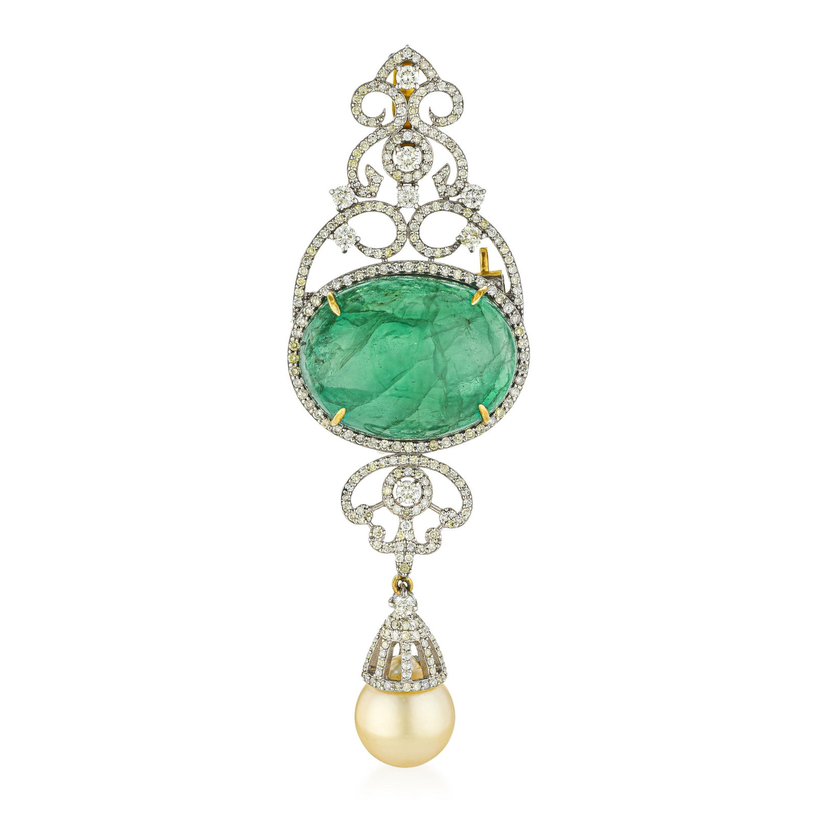Emerald Cabochon Pearl and Diamond Brooch/Pendant: ESTIMATED RETAIL PRICE: $18,000* *This is the estimated value a piece of similar quality, craftsmanship, and characteristics could command at retail. An emerald cabochon at nearly 47 carats does not