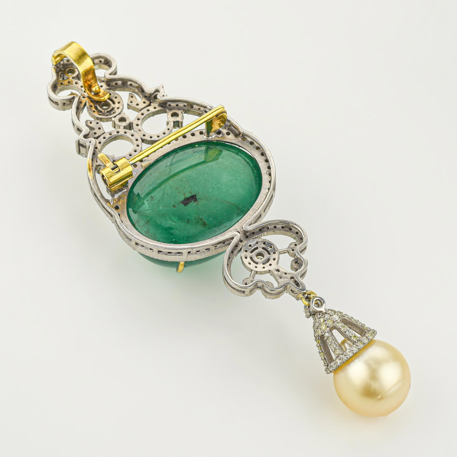 Emerald Cabochon Pearl and Diamond Brooch/Pendant - 2