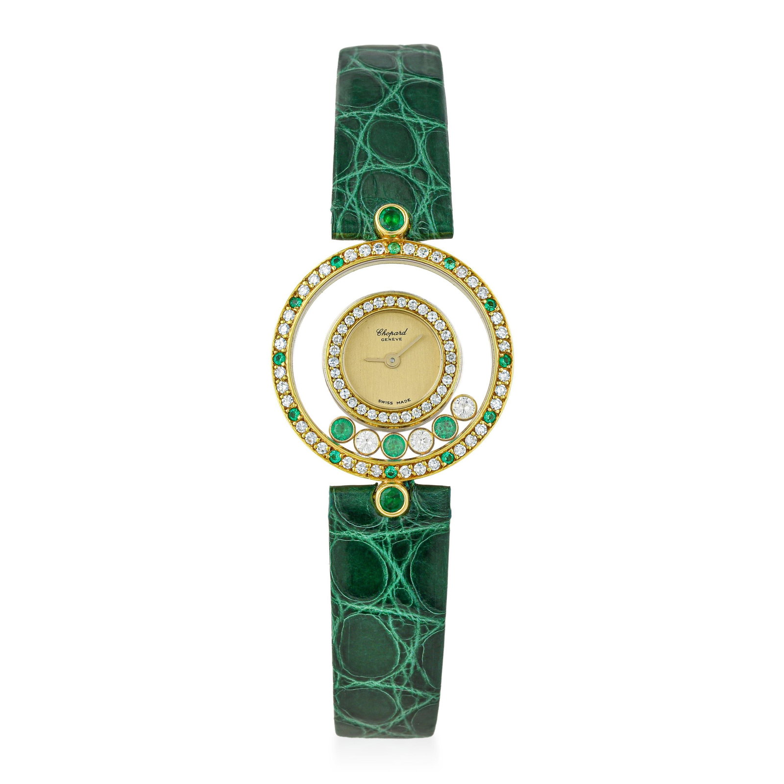Chopard Happy Diamonds in 18K Gold with Diamonds and Emeralds: ESTIMATED RETAIL PRICE: $7,000* *This is the estimated value a piece of similar quality, craftsmanship, and characteristics could command at retail. A sumptuous 1980s Happy Diamonds in 18K yellow gold