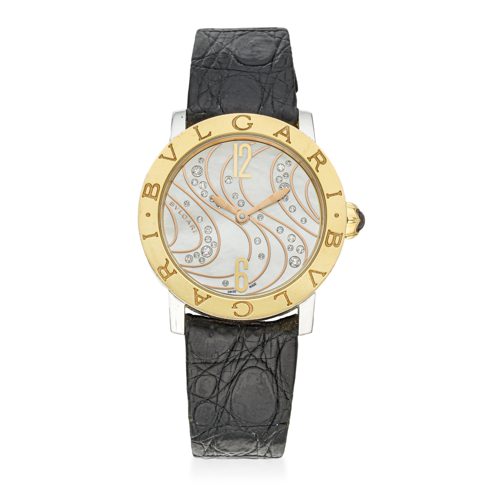 Bulgari Bulgari in Steel and 18K Gold: ESTIMATED RETAIL PRICE: $6,000* *This is the estimated value a piece of similar quality, craftsmanship, and characteristics could command at retail. This is the decorative end of the Bulgari Bulgari
