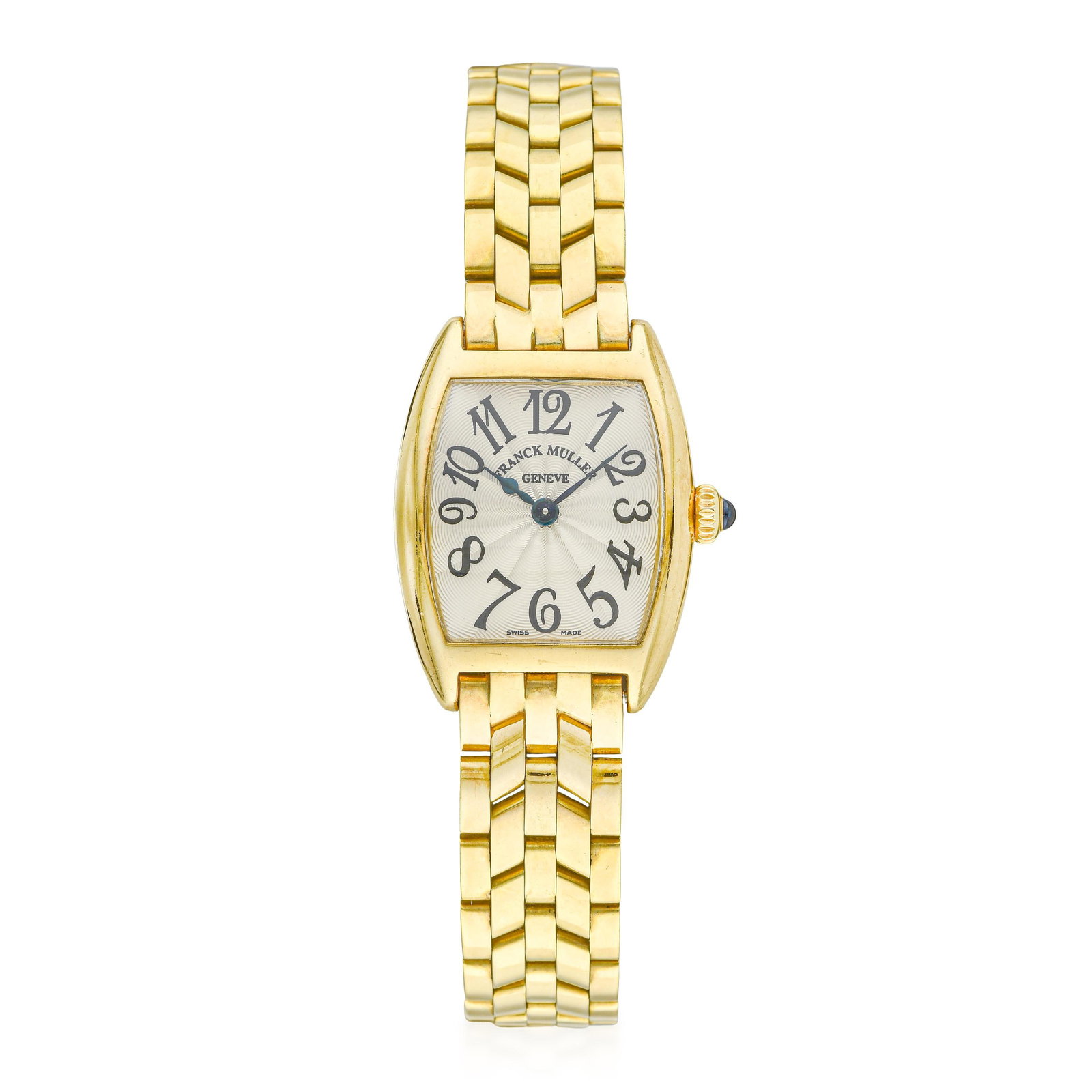 Franck Muller Curvex Ladies' in 18K Gold: ESTIMATED RETAIL PRICE: $20,000* *This is the estimated value a piece of similar quality, craftsmanship, and characteristics could command at retail. Franck Muller's celebrated Curvex case is rendered