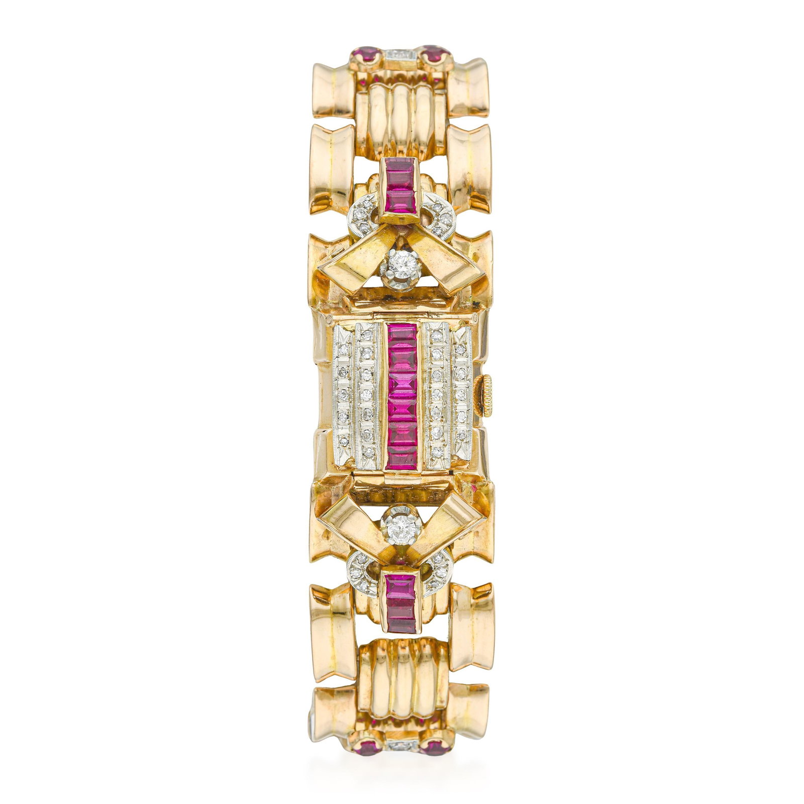 Rolex Cocktail Watch in 18K Rose Gold with Diamonds and Rubies: ESTIMATED RETAIL PRICE: $15,000* *This is the estimated value a piece of similar quality, craftsmanship, and characteristics could command at retail. A rare and captivating 1950s Rolex cocktail watch 