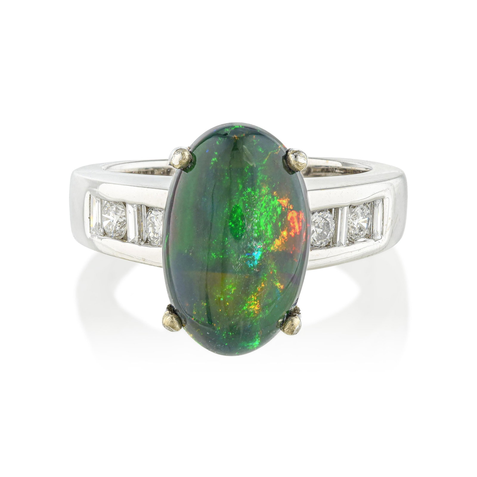 Black Opal and Diamond Ring: ESTIMATED RETAIL PRICE: $5,500* *This is the estimated value a piece of similar quality, craftsmanship, and characteristics could command at retail. The black opal's dark body tone is what makes its p