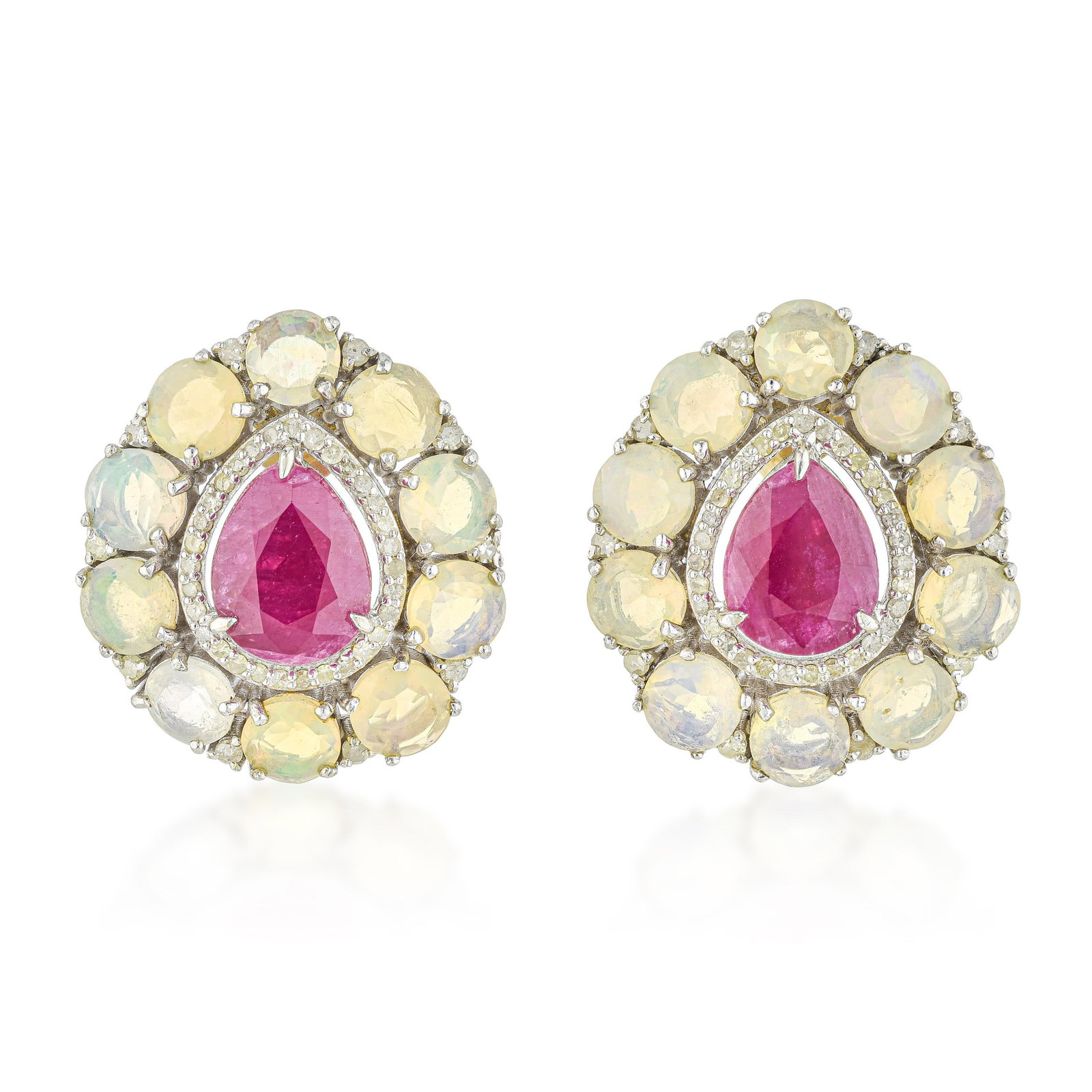 Ethiopian Opal and African Ruby Diamond Earrings: ESTIMATED RETAIL PRICE: $1,200* *This is the estimated value a piece of similar quality, craftsmanship, and characteristics could command at retail. Ethiopian opal, discovered commercially only in
