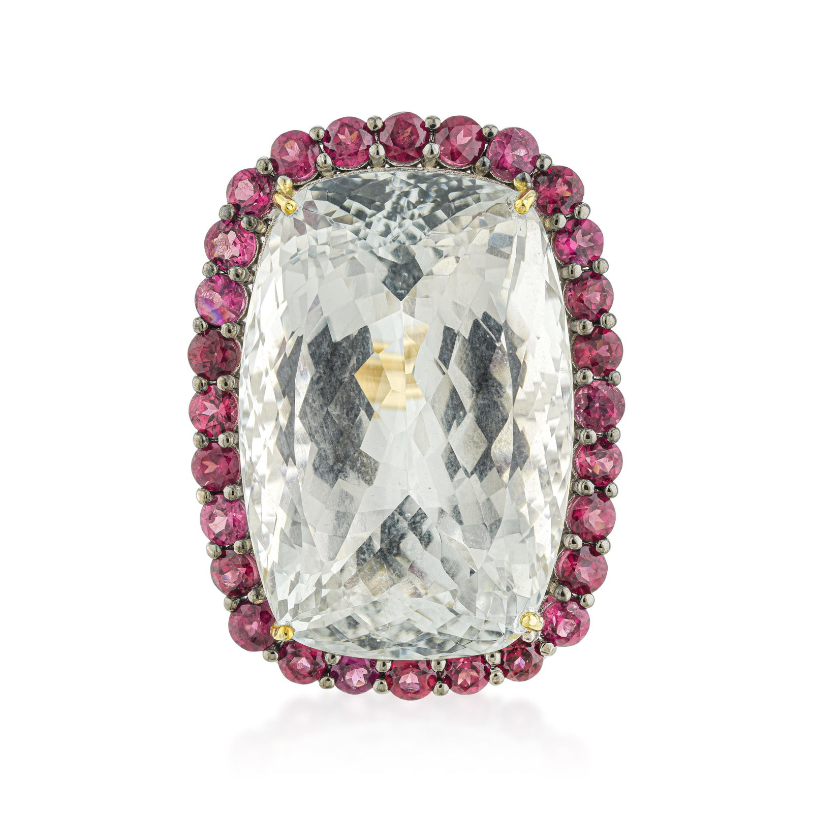 White Topaz Garnet and Diamond Ring: ESTIMATED RETAIL PRICE: $1,800* *This is the estimated value a piece of similar quality, craftsmanship, and characteristics could command at retail. Seventy-nine carats is an exceptional size for