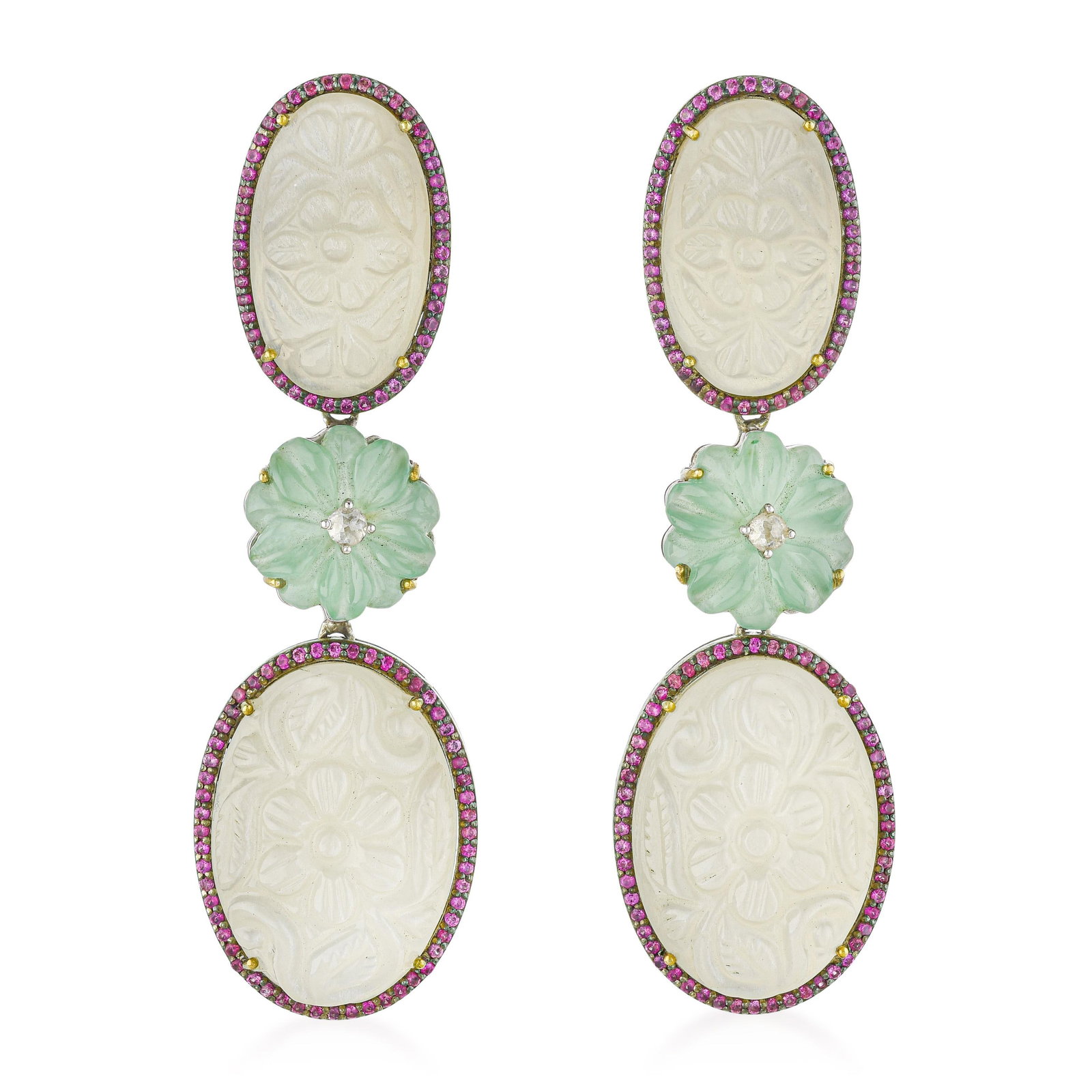 Hand Carved Moonstone and Green Prehnite Flower Sapphire and Diamond Earrings: ESTIMATED RETAIL PRICE: $1,700* *This is the estimated value a piece of similar quality, craftsmanship, and characteristics could command at retail. Carving moonstone into flower forms is a difficult