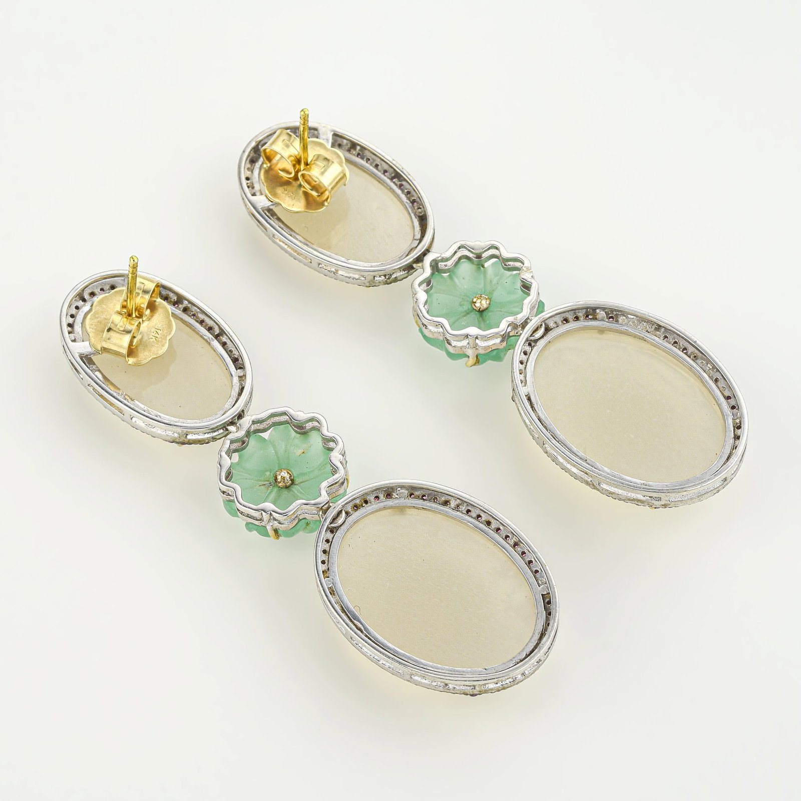 Hand Carved Moonstone and Green Prehnite Flower Sapphire and Diamond Earrings - 2