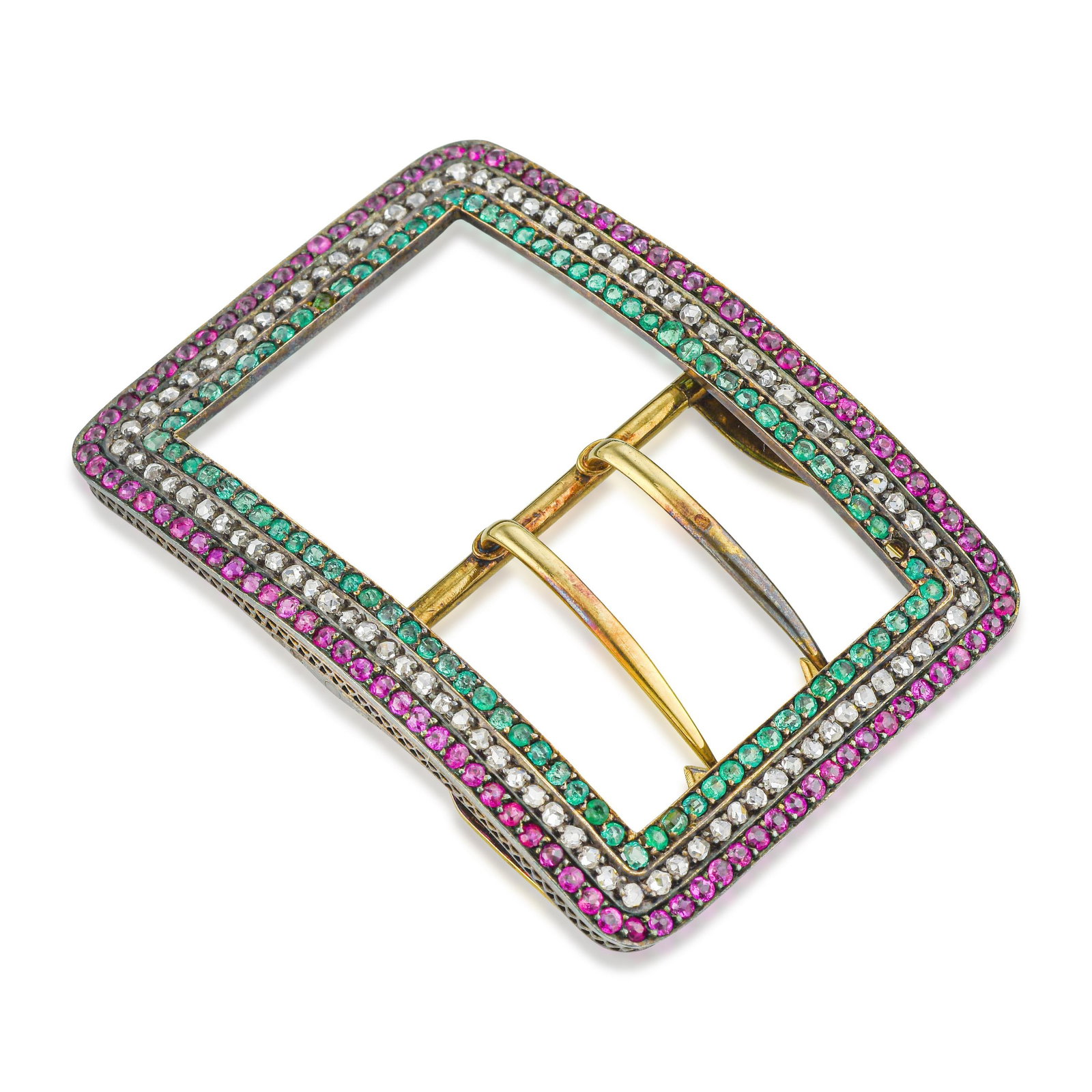 Antique Austro Hungarian Ruby Diamond and Emerald Belt Buckle: ESTIMATED RETAIL PRICE: $6,500 * *This is the estimated value a piece of similar quality, craftsmanship, and characteristics could command at retail. Crafted during the height of the