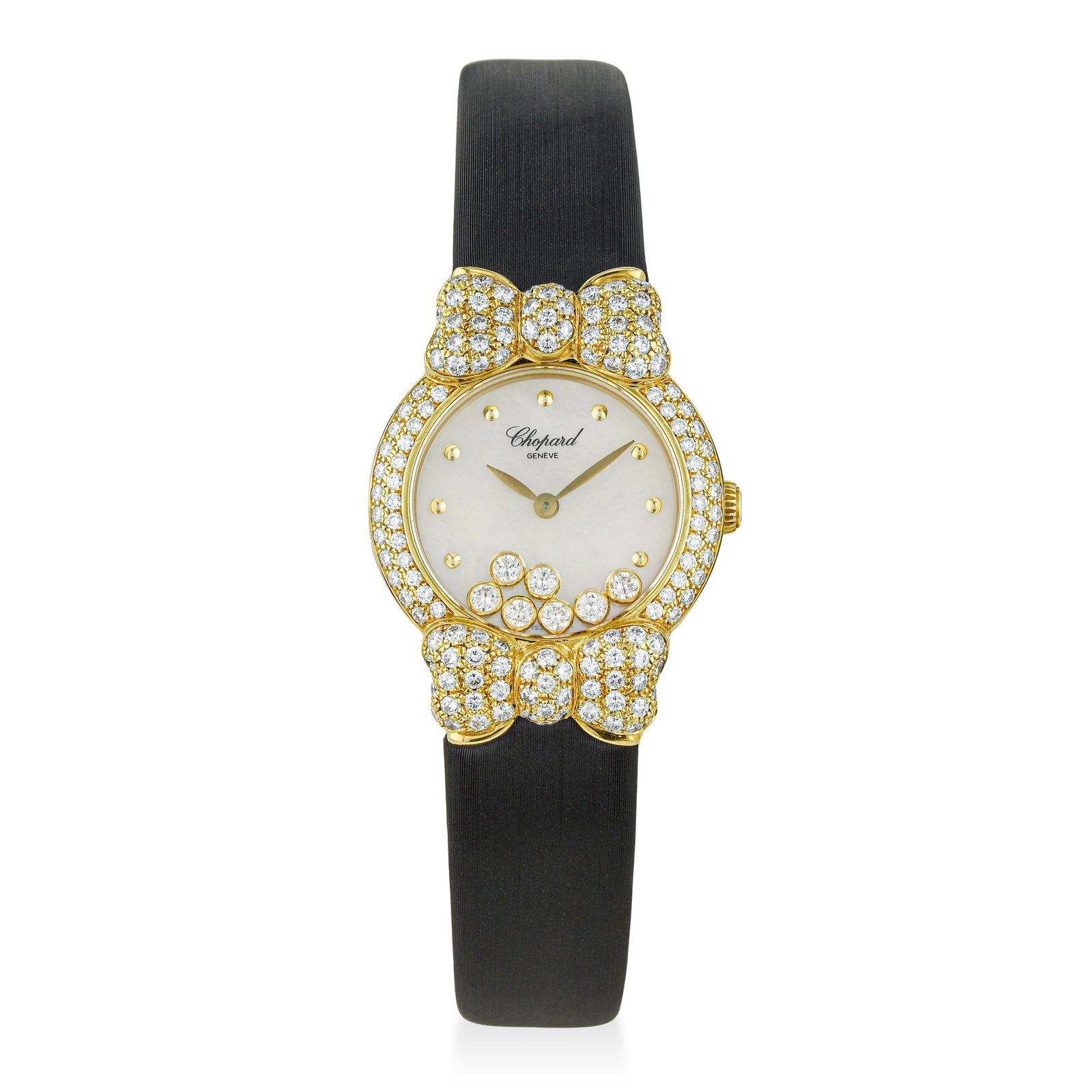 Chopard Happy Diamonds "Bowtie" in 18K Gold with Diamonds, with Box: ESTIMATED RETAIL PRICE: $10,000* *This is the estimated value a piece of similar quality, craftsmanship, and characteristics could command at retail. Chopard's whimsical 'Bowtie' Happy Diamonds is a