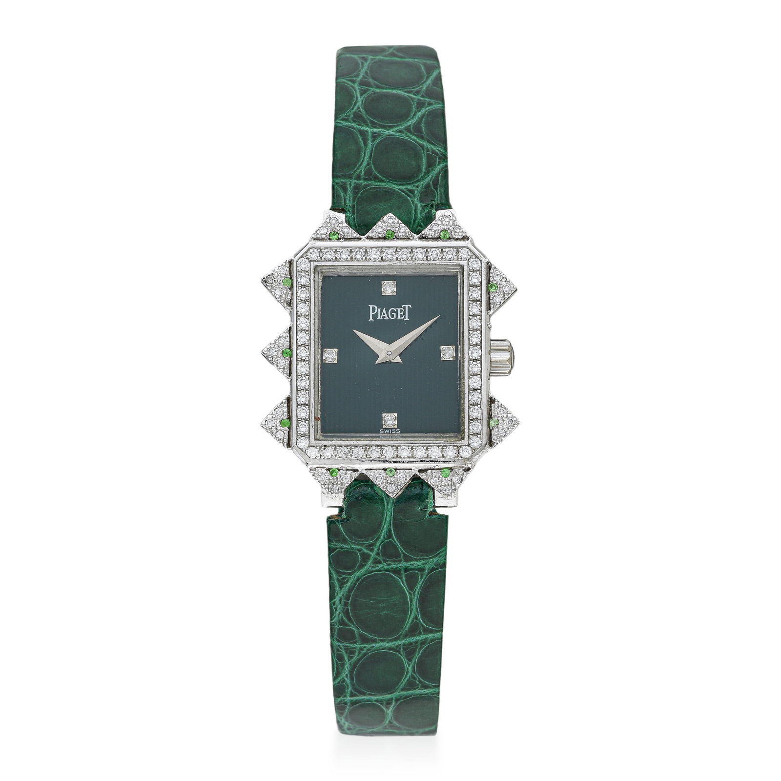 Piaget Protocole Ladies' in 18K White Gold with Green Dial: ESTIMATED RETAIL PRICE: $7,000* *This is the estimated value a piece of similar quality, craftsmanship, and characteristics could command at retail. Piaget's Protocole is a study in 1980s refinement,