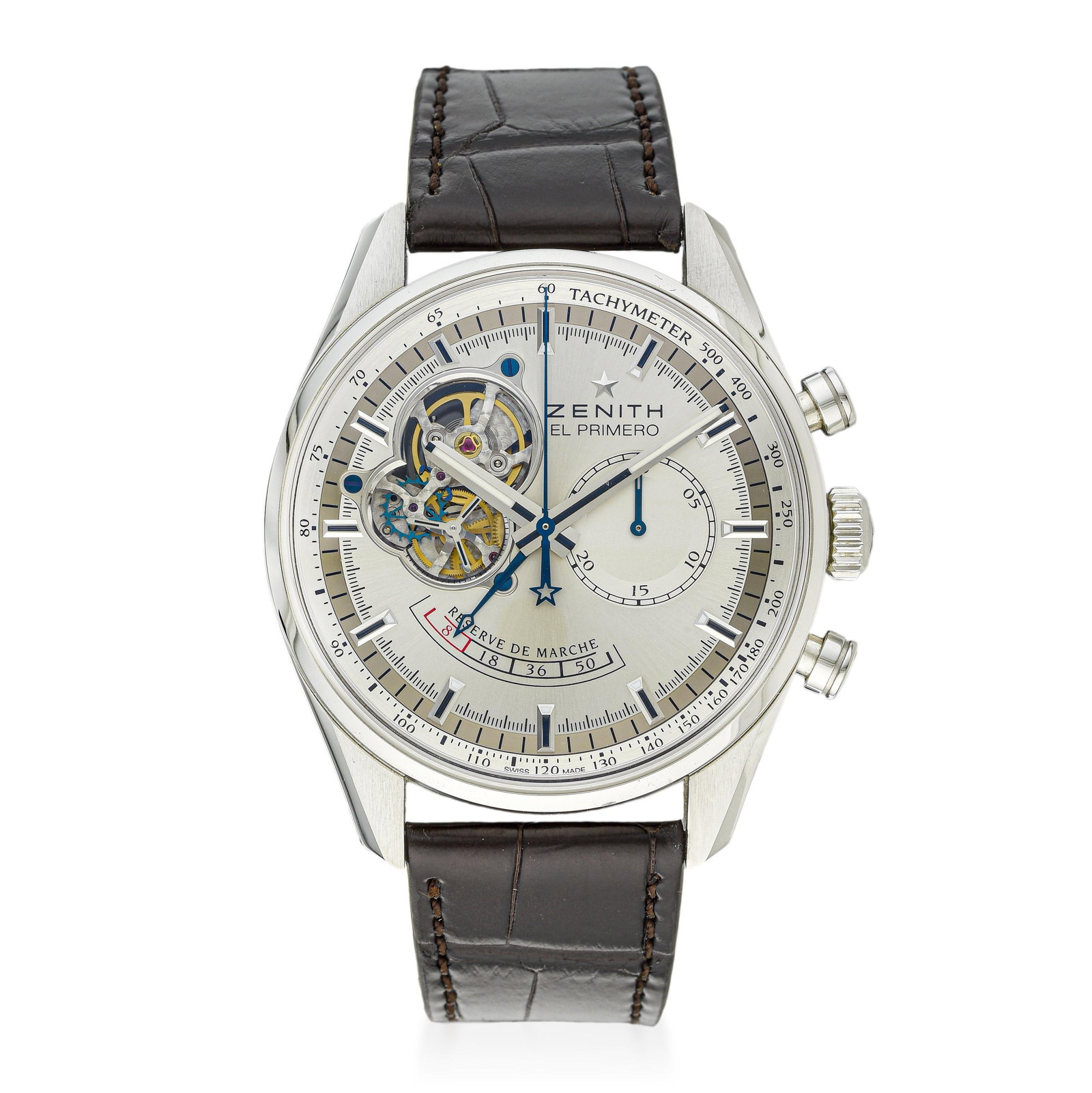 Zenith El Primero Open Heart Reserve de Marche in Steel, with Papers: ESTIMATED RETAIL PRICE: $6,000* *This is the estimated value a piece of similar quality, craftsmanship, and characteristics could command at retail. Zenith's El Primero is one of horology's landmark