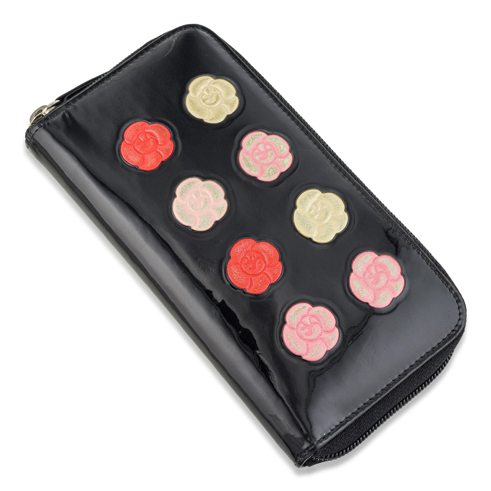 Chanel Camellia Yen Wallet - Patent Leather, Black: ESTIMATED RETAIL PRICE: Variable* *This is the estimated value a piece of similar quality, craftsmanship, and characteristics could command at retail. Chanel's Camellia accessories translate one of