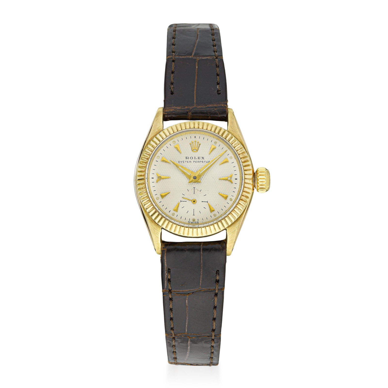 Rolex Oyster Perpetual Ladies' in 14K Gold: ESTIMATED RETAIL PRICE: $5,000* *This is the estimated value a piece of similar quality, craftsmanship, and characteristics could command at retail. This 1950s Rolex Oyster Perpetual is a genuine