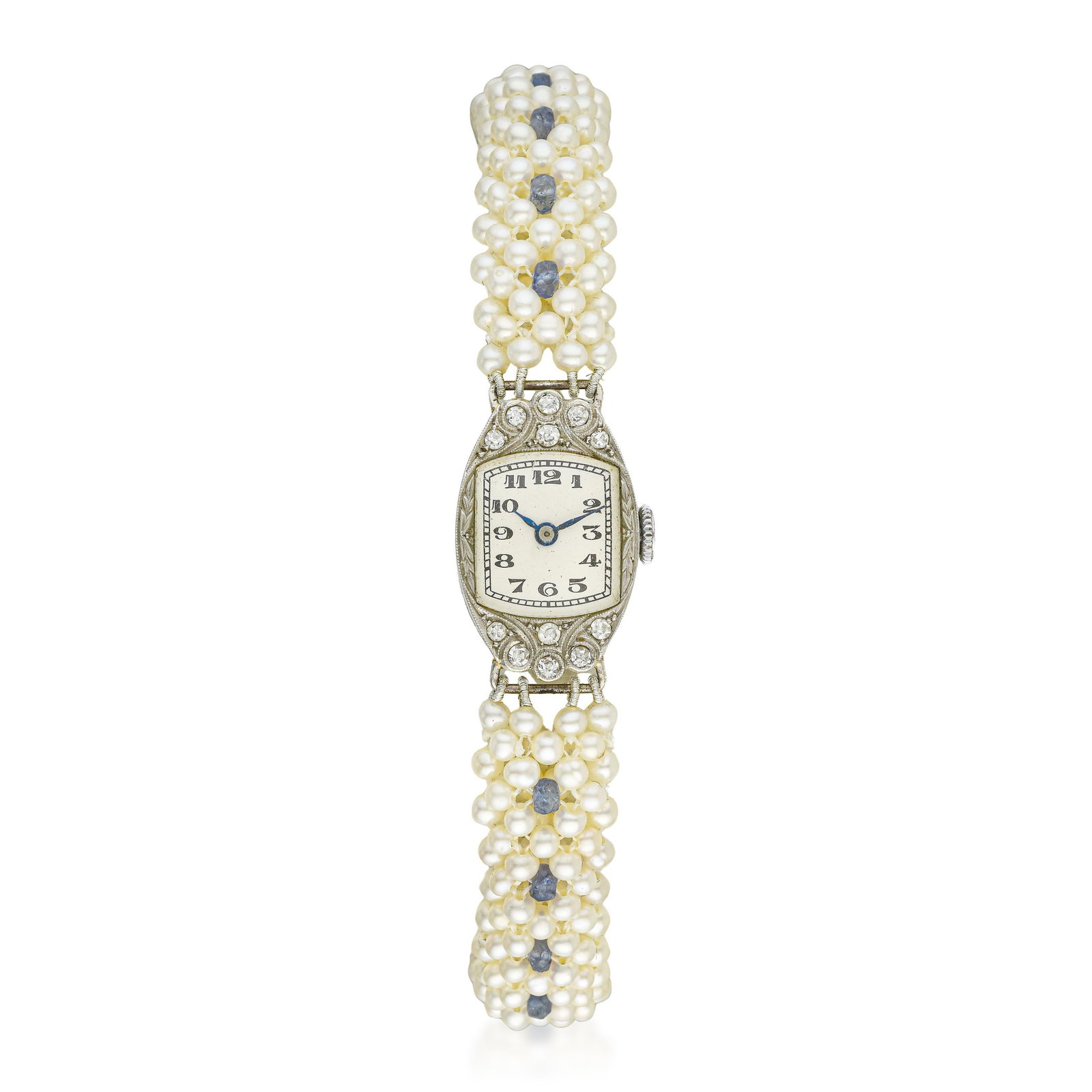 Vintage Swiss Platinum Diamond Watch with Sapphire and Pearl Bracelet: ESTIMATED RETAIL PRICE: $3,800 * *This is the estimated value a piece of similar quality, craftsmanship, and characteristics could command at retail. Inscribed 1955 on the case back and carrying
