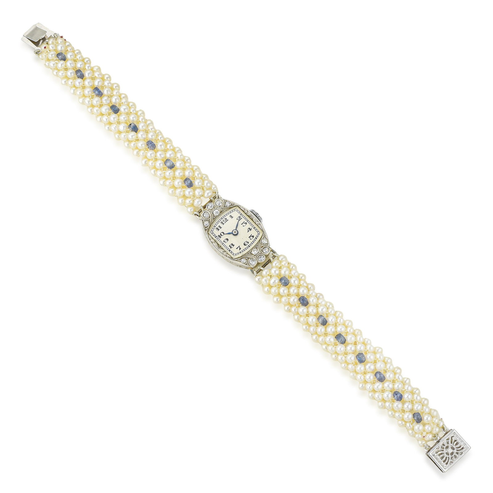 Vintage Swiss Platinum Diamond Watch with Sapphire and Pearl Bracelet - 2