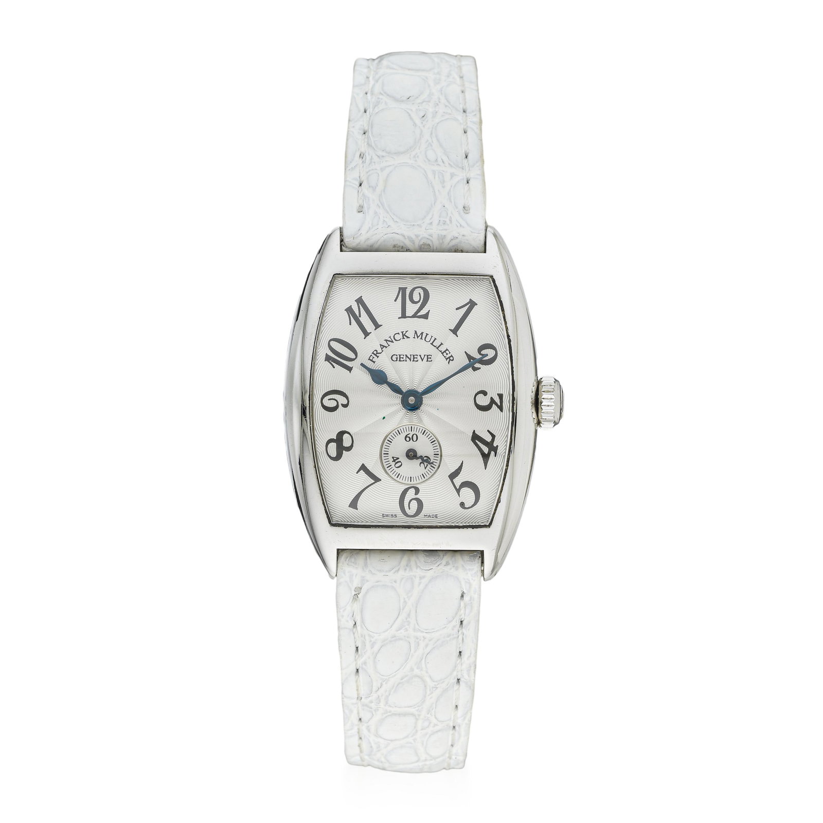 Franck Muller Curvex in Steel on White Strap: ESTIMATED RETAIL PRICE: $3,000* *This is the estimated value a piece of similar quality, craftsmanship, and characteristics could command at retail. A refined Curvex in stainless steel, distinguished
