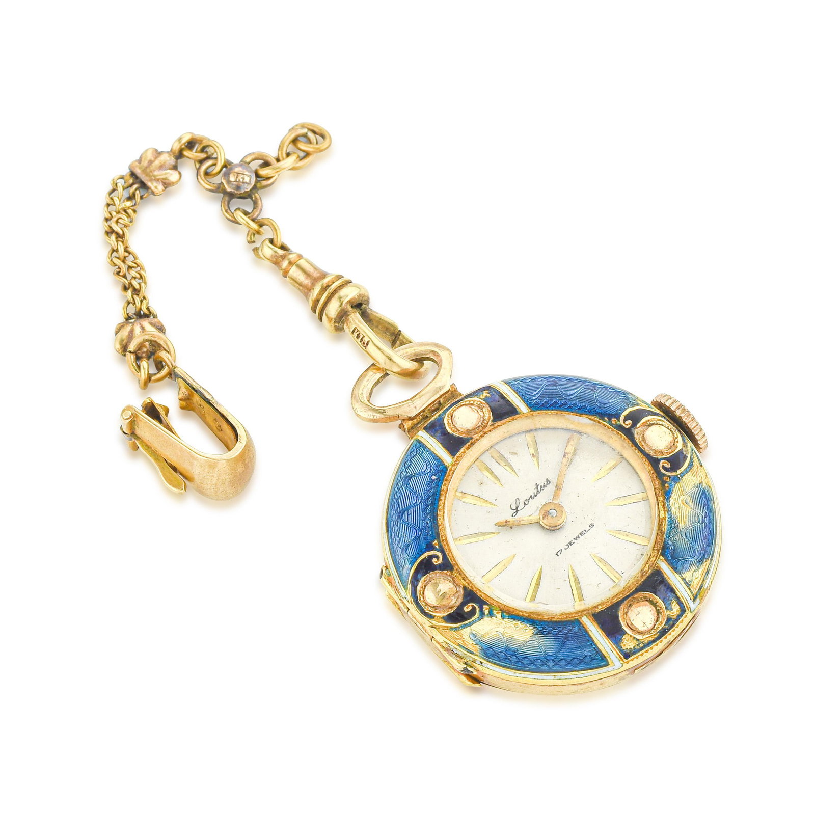 Loutus Pendant Watch in 18K Gold with Enamel Case: ESTIMATED RETAIL PRICE: $3,000* *This is the estimated value a piece of similar quality, craftsmanship, and characteristics could command at retail. An enchanting 1950s pendant watch in 18K yellow