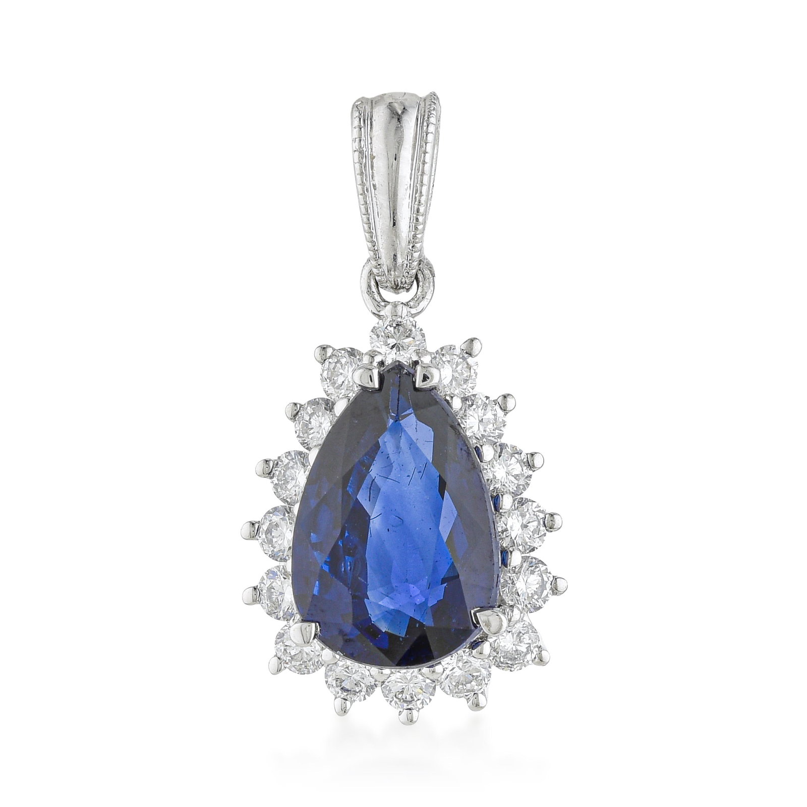 Sapphire and Diamond Pendant: ESTIMATED RETAIL PRICE: $5,000* *This is the estimated value a piece of similar quality, craftsmanship, and characteristics could command at retail. A 1.85-carat sapphire in a 16-diamond halo at 18mm