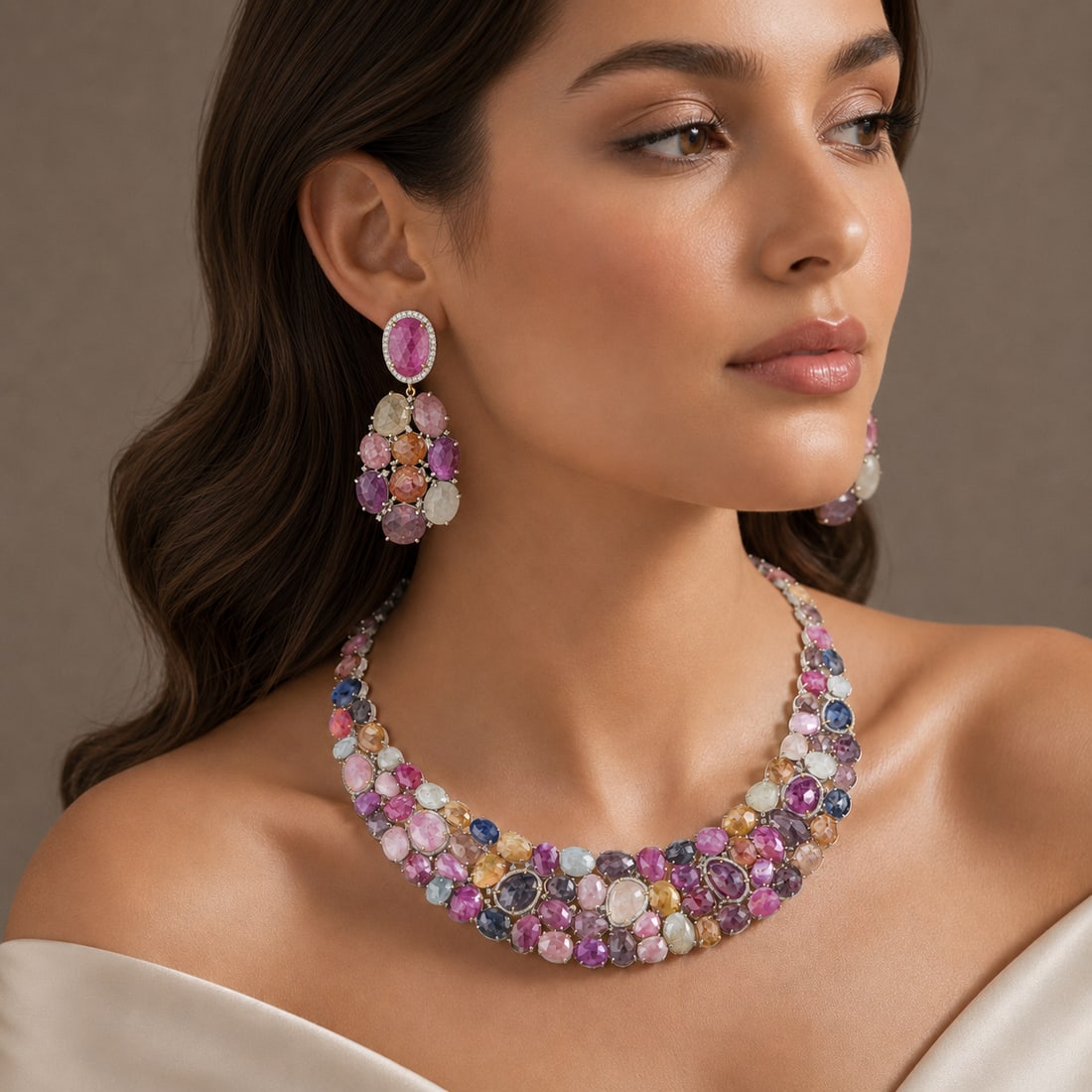 Multicolor Sapphire and Diamond Necklace: ESTIMATED RETAIL PRICE: $9,500* *This is the estimated value a piece of similar quality, craftsmanship, and characteristics could command at retail. Three hundred and ninety carats of no-heat