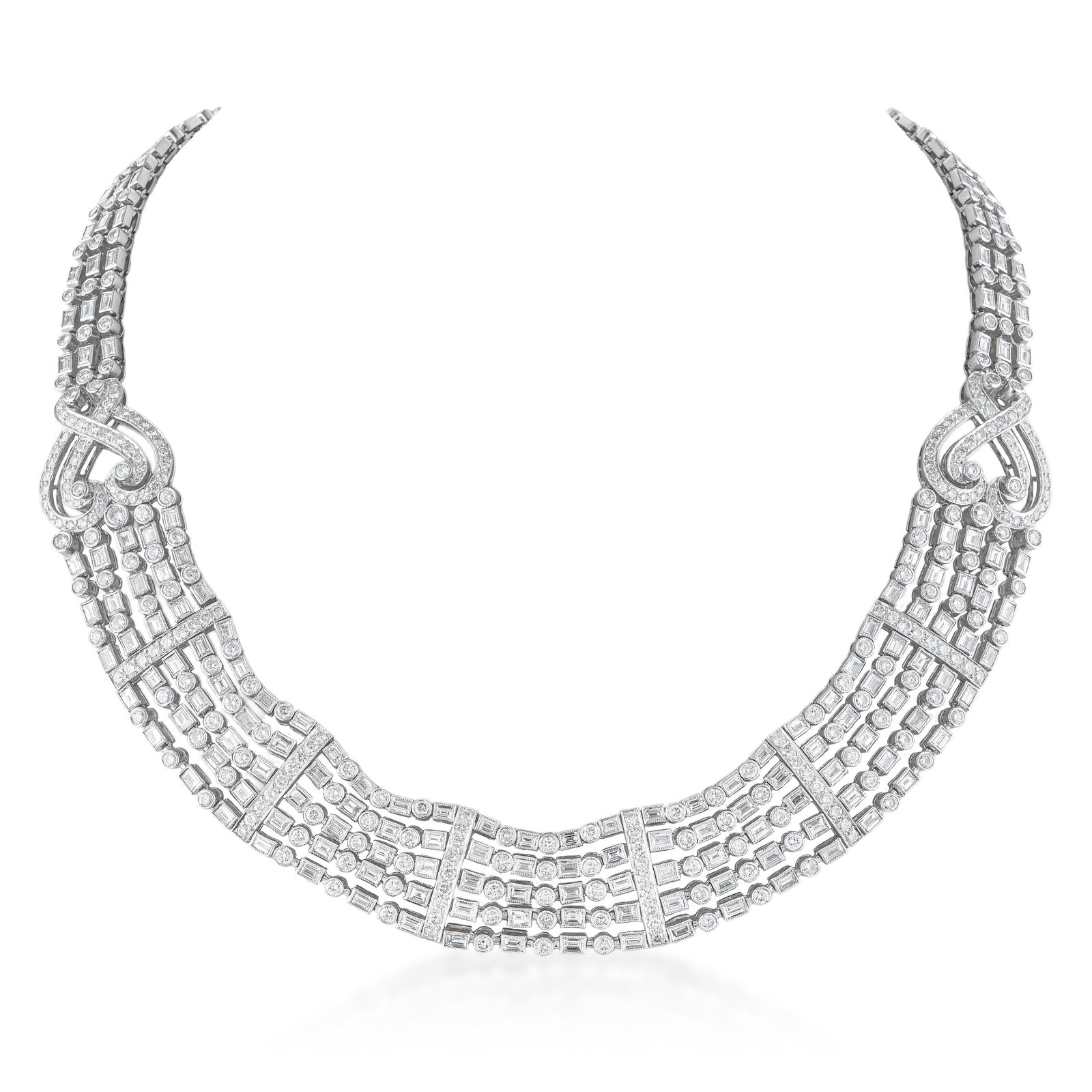 Diamond Multirow Necklace: ESTIMATED RETAIL PRICE: $75,000* *This is the estimated value a piece of similar quality, craftsmanship, and characteristics could command at retail. Thirty and a half carats of baguette and round