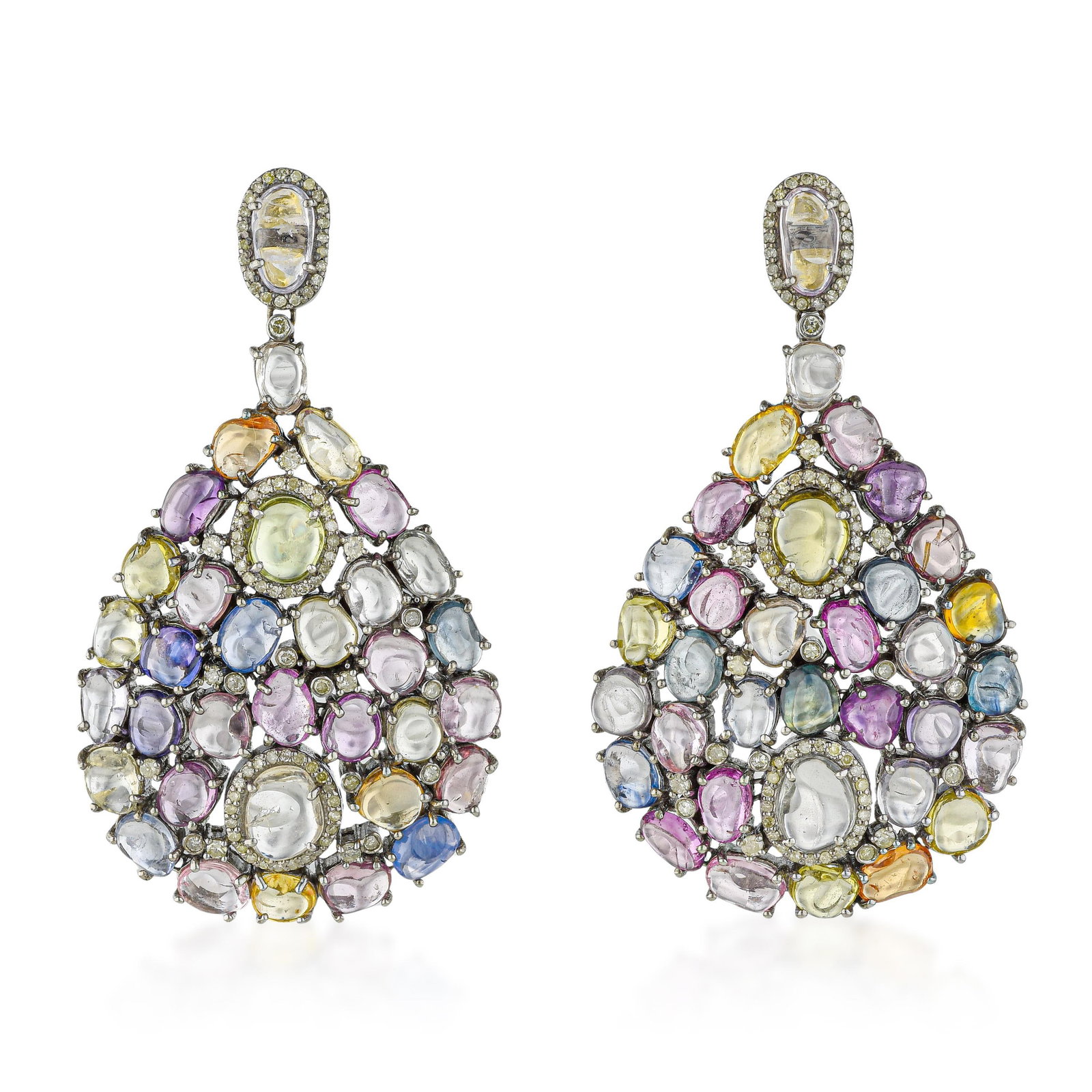 Multicolor Sapphire and Diamond Earrings: ESTIMATED RETAIL PRICE: $5,000* *This is the estimated value a piece of similar quality, craftsmanship, and characteristics could command at retail. These earrings bring the bib necklace's chromatic