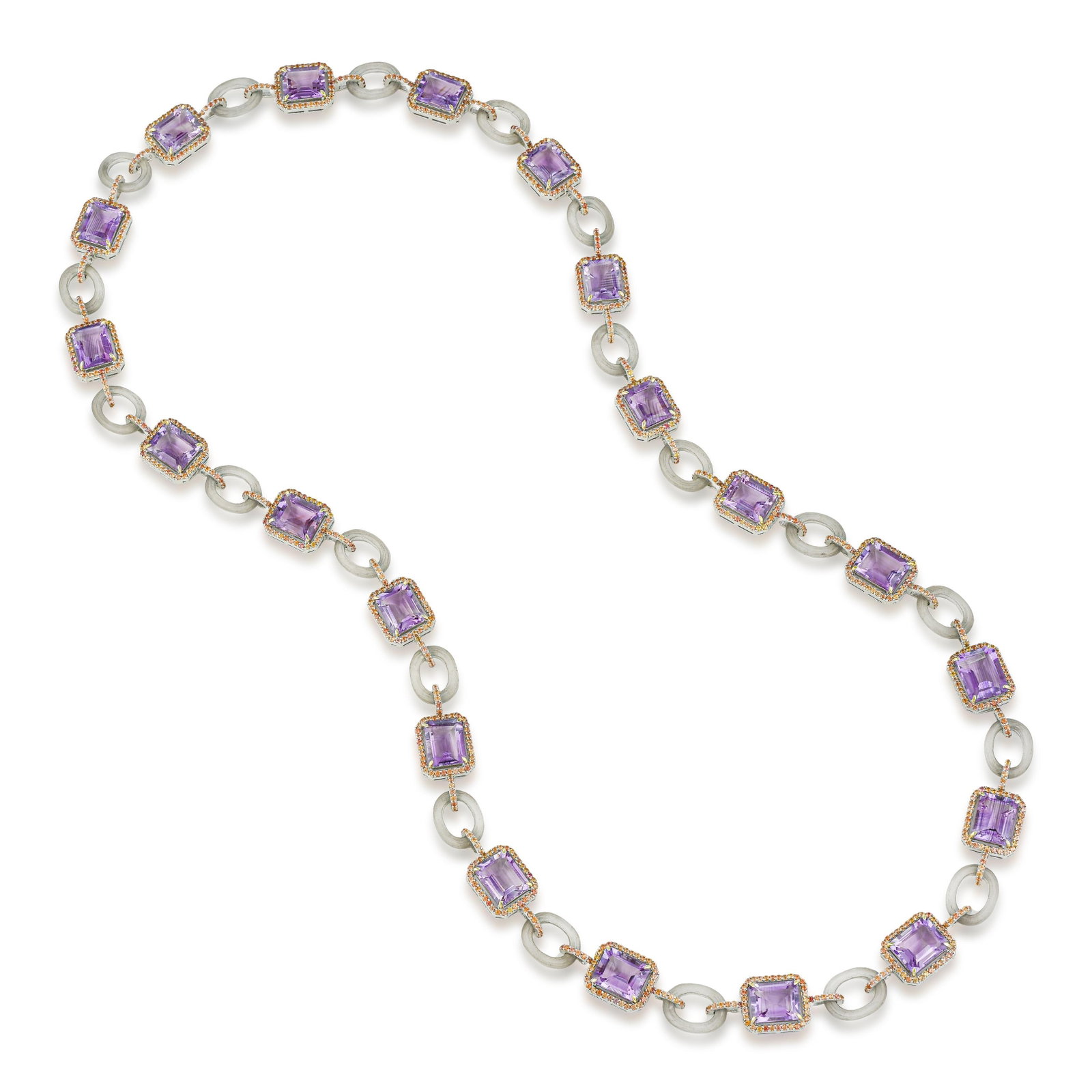 Amethyst Rock Crystal and Sapphire Long Necklace: ESTIMATED RETAIL PRICE: $4,500* *This is the estimated value a piece of similar quality, craftsmanship, and characteristics could command at retail. Emerald-cut amethyst at over 60 carats,