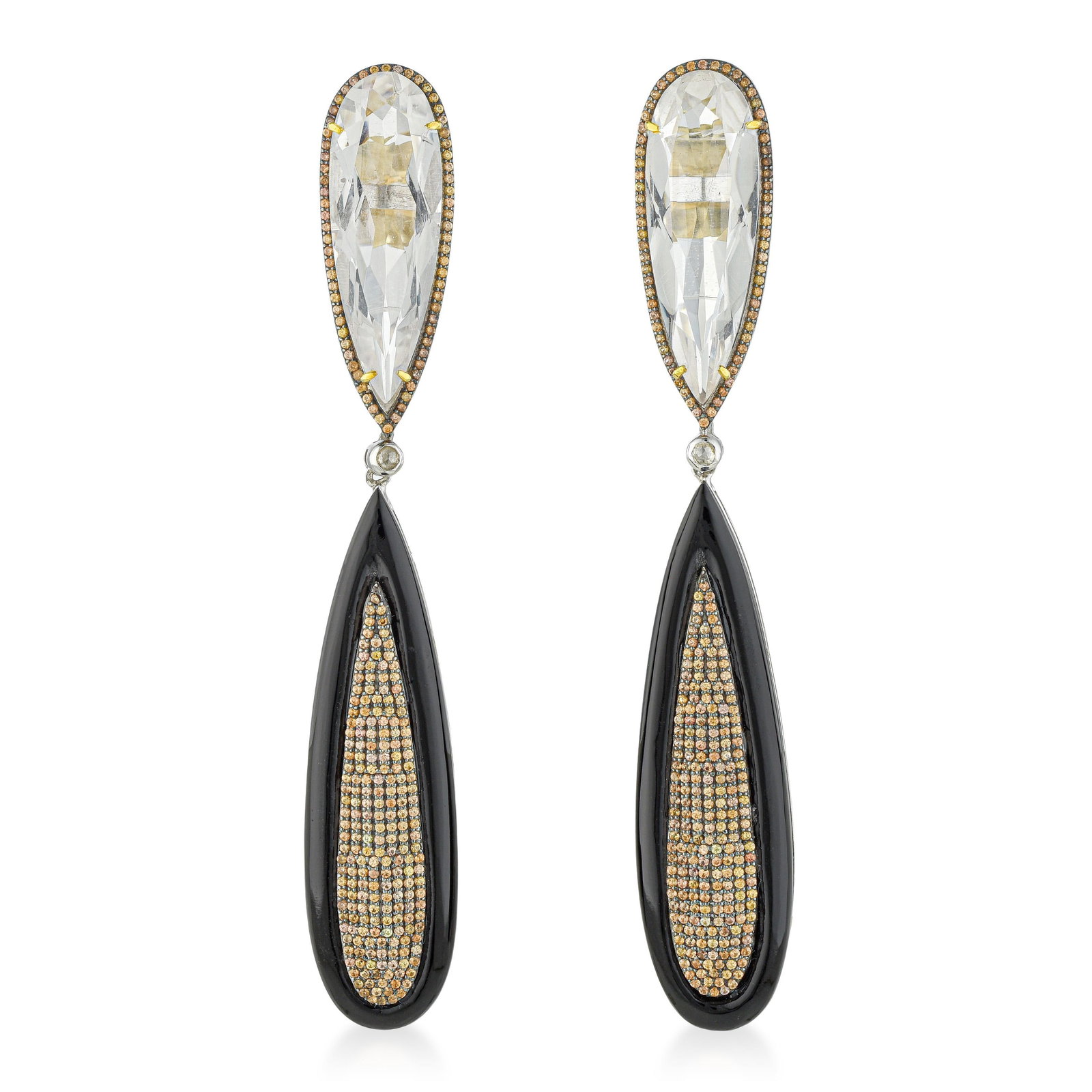 Rock Crystal Black Onyx Sapphire and Diamond Earrings: ESTIMATED RETAIL PRICE: $2,200* *This is the estimated value a piece of similar quality, craftsmanship, and characteristics could command at retail. Rock crystal is the purest form of quartz —