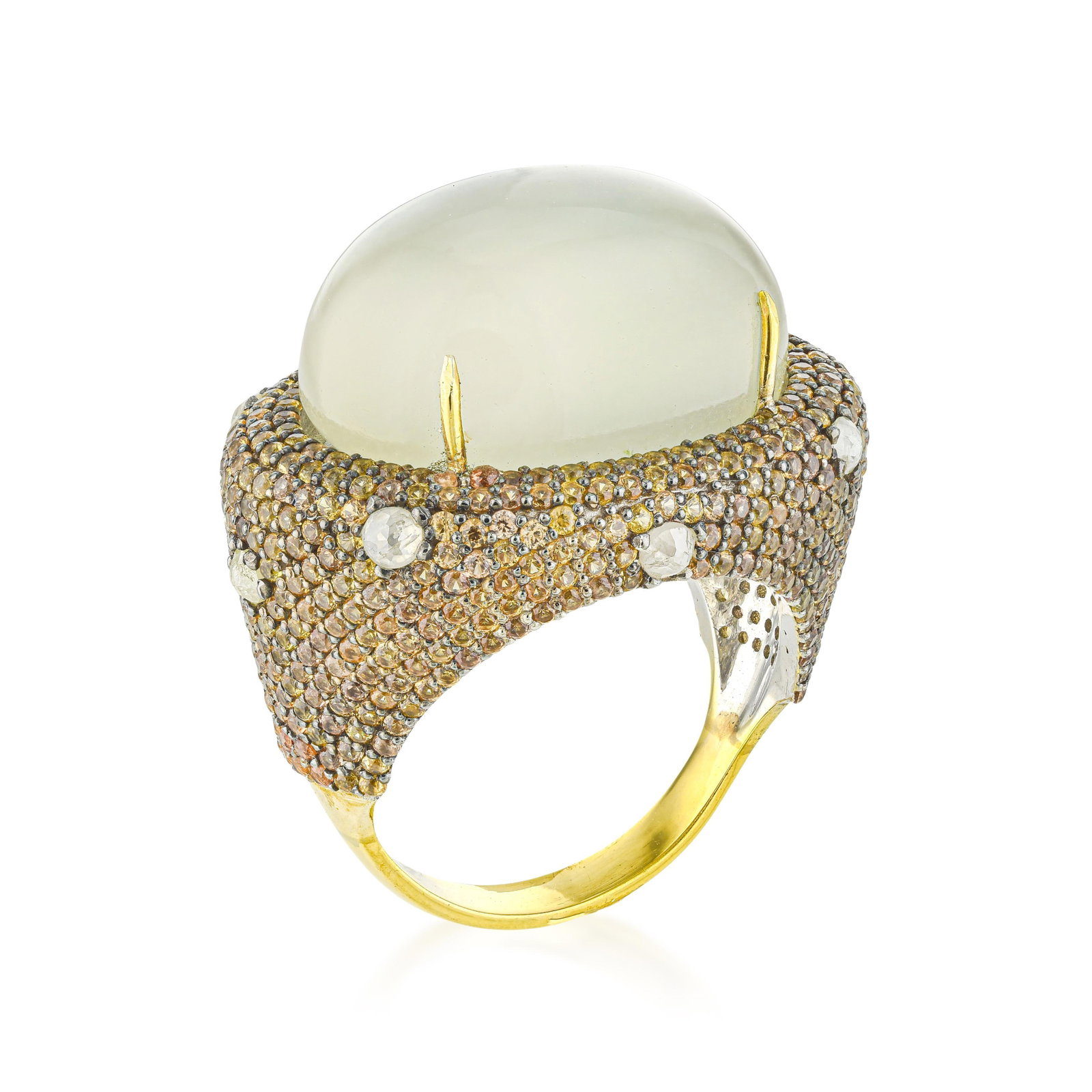 Cat's Eye Moonstone Orange Sapphire and Diamond Ring: ESTIMATED RETAIL PRICE: $3,000 * *This is the estimated value a piece of similar quality, craftsmanship, and characteristics could command at retail. Cat's eye effect in moonstone requires precisely