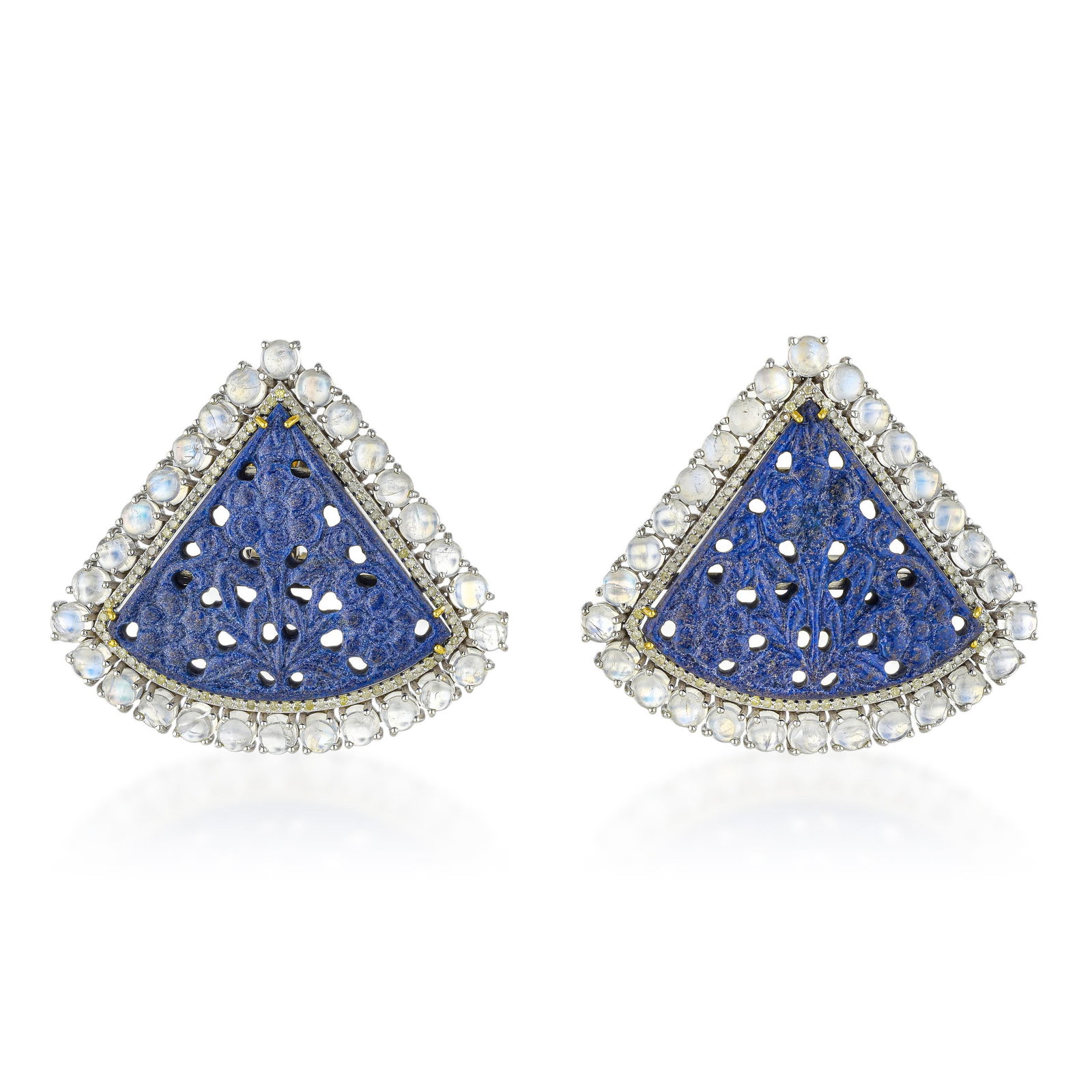 Hand Carved Lapis Lazuli Moonstone and Diamond Fan Earrings: ESTIMATED RETAIL PRICE: $5,000* *This is the estimated value a piece of similar quality, craftsmanship, and characteristics could command at retail. The lapis lazuli here is carved into flowers, a