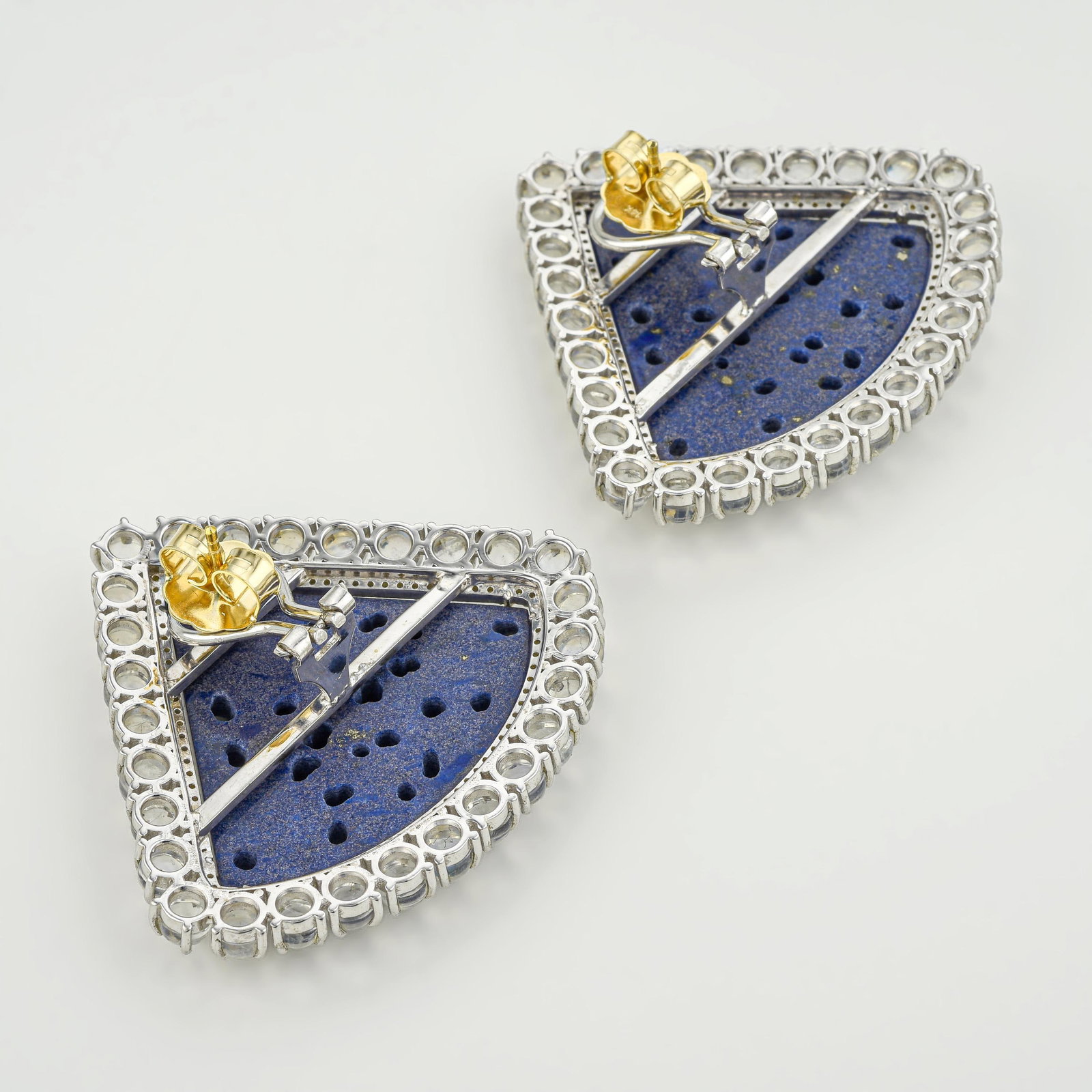 Hand Carved Lapis Lazuli Moonstone and Diamond Fan Earrings - 2
