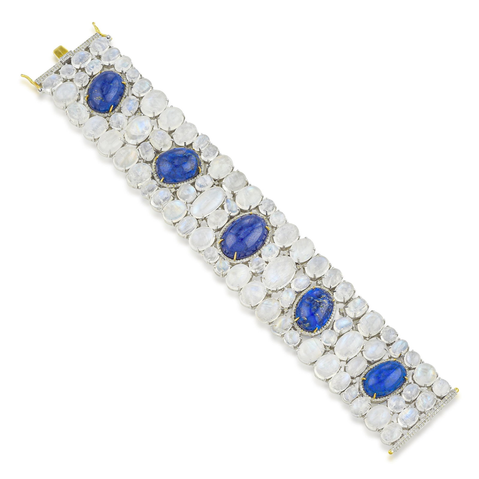 Moonstone Lapis Lazuli and Diamond Bracelet: ESTIMATED RETAIL PRICE: $5,000* *This is the estimated value a piece of similar quality, craftsmanship, and characteristics could command at retail. One hundred and fifty-five carats of moonstone is