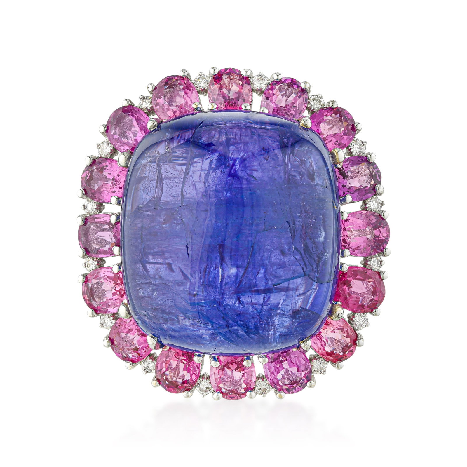 Tanzanite Pink Sapphire and Diamond Ring: ESTIMATED RETAIL PRICE: $9,500* *This is the estimated value a piece of similar quality, craftsmanship, and characteristics could command at retail. Tanzanite at 20 x 15mm is a stone with genuine visu
