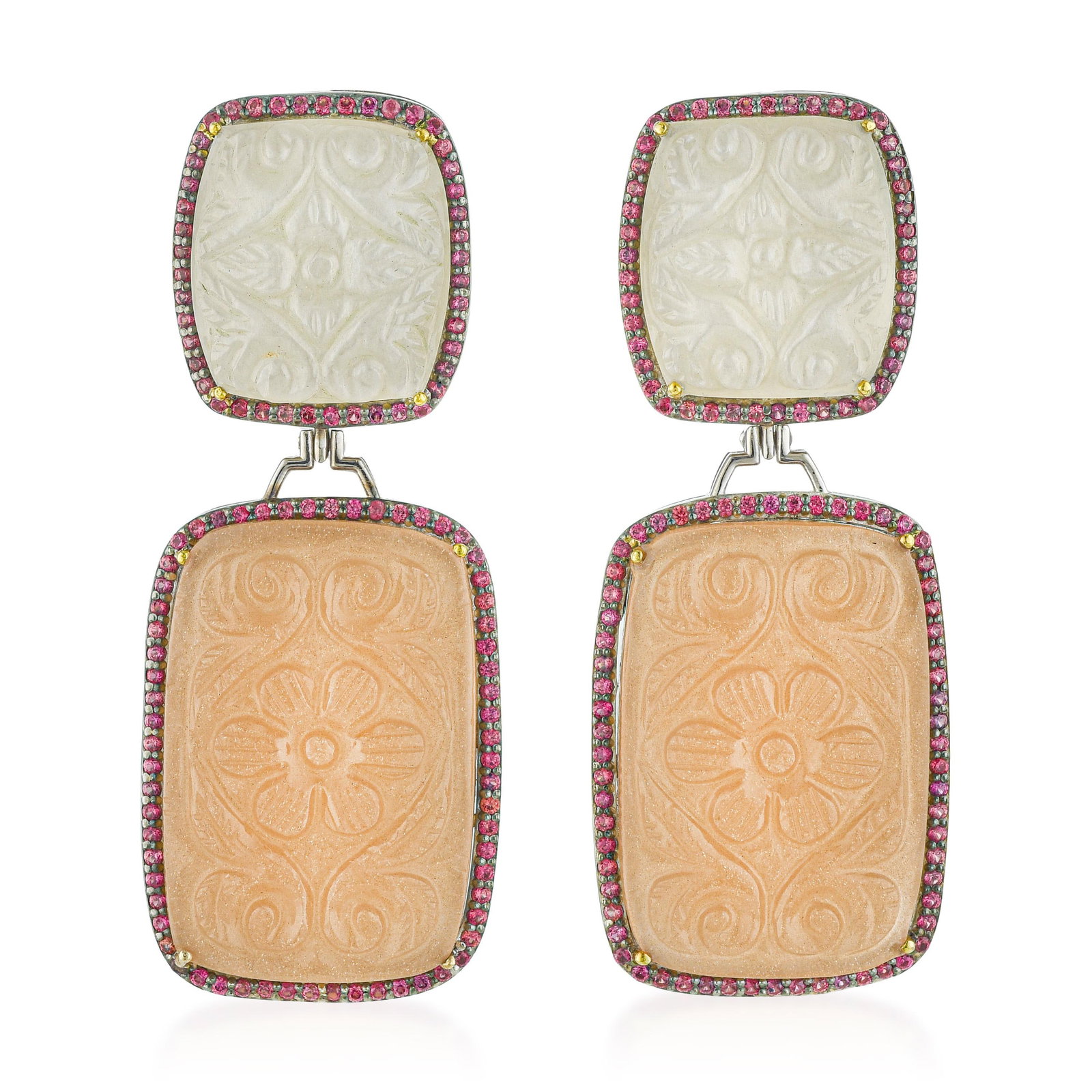 Hand Carved White and Peach Moonstone Sapphire and Diamond Earrings: ESTIMATED RETAIL PRICE: $2,200* *This is the estimated value a piece of similar quality, craftsmanship, and characteristics could command at retail. Peach moonstone is considerably scarcer than the