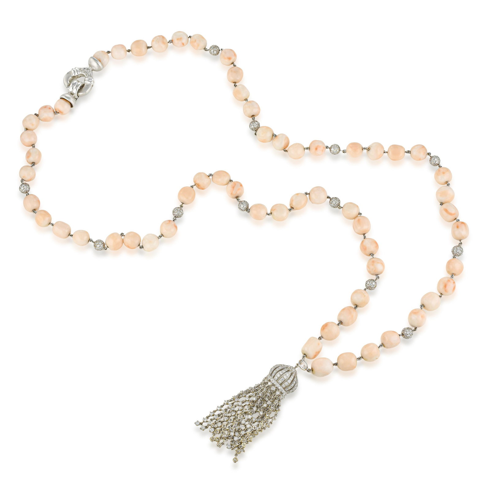 Coral and Diamond Lariat Necklace: ESTIMATED RETAIL PRICE: $45,000* *This is the estimated value a piece of similar quality, craftsmanship, and characteristics could command at retail. Three hundred and fifty carats of coral is a quant
