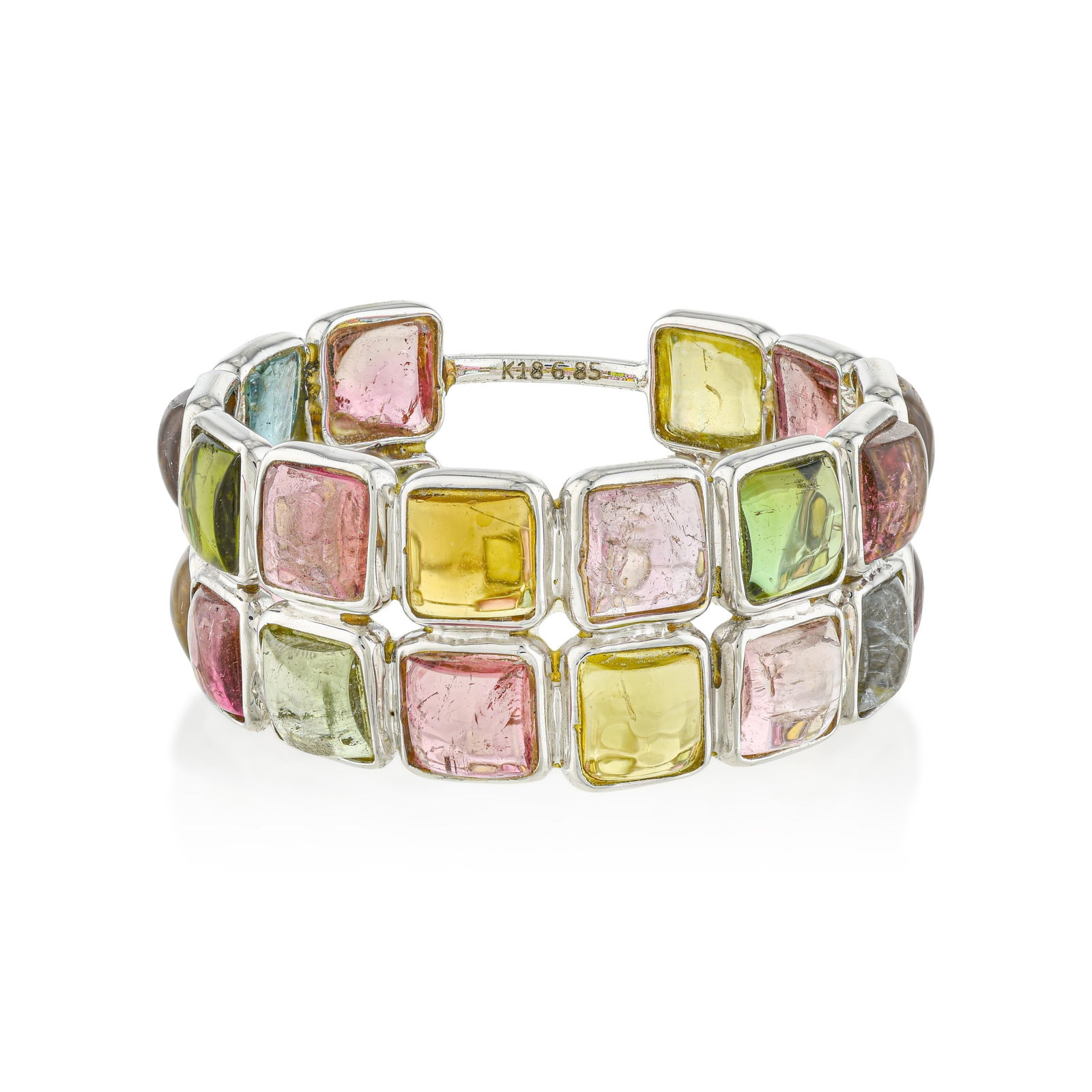Multicolor Tourmaline Double Stack Band Ring: ESTIMATED RETAIL PRICE: $1,200 * *This is the estimated value a piece of similar quality, craftsmanship, and characteristics could command at retail. Multicolor tourmalines across a double-stack band