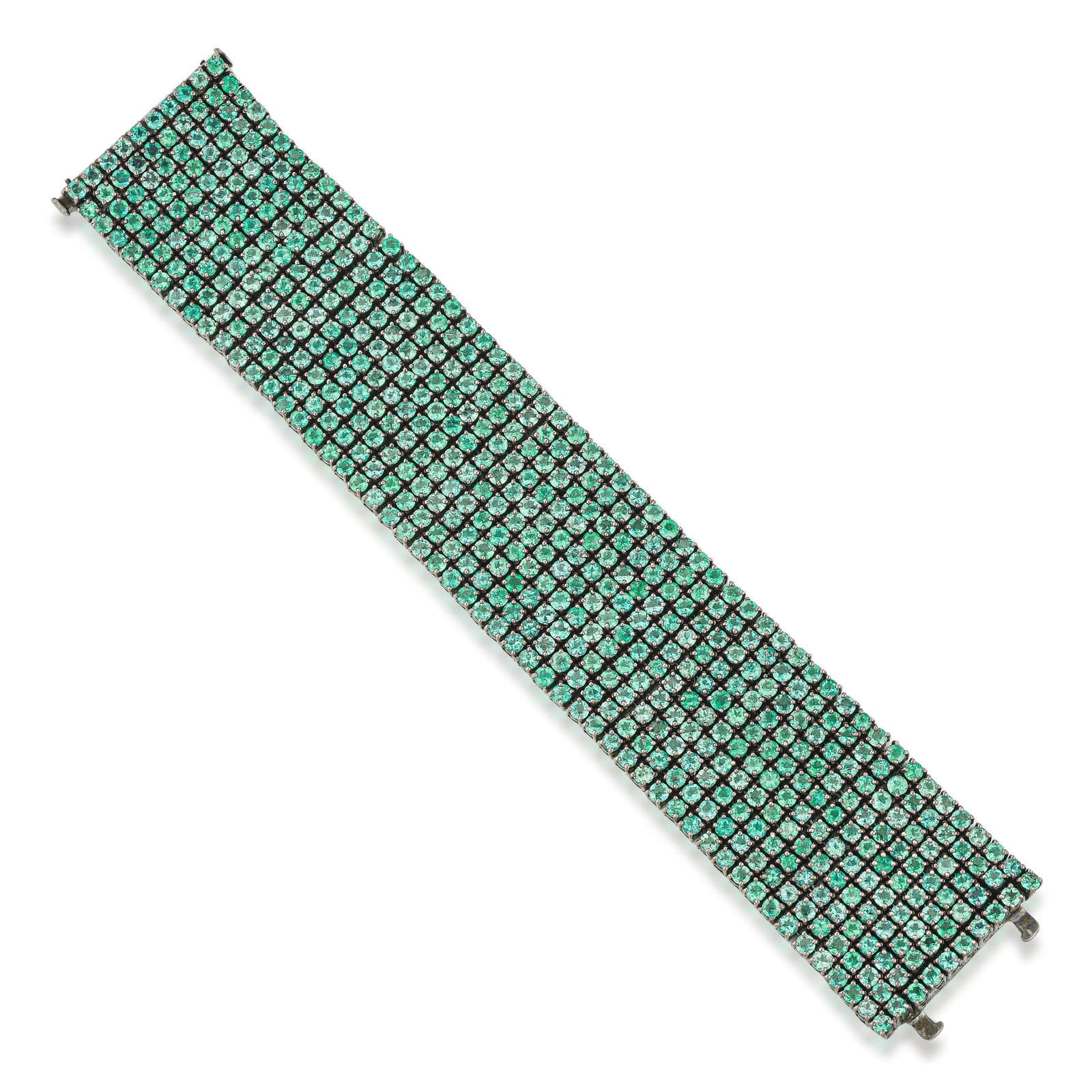 Silver Emerald Mesh Bracelet: ESTIMATED RETAIL PRICE: $22,000* *This is the estimated value a piece of similar quality, craftsmanship, and characteristics could command at retail. Mesh construction is what gives this bracelet its