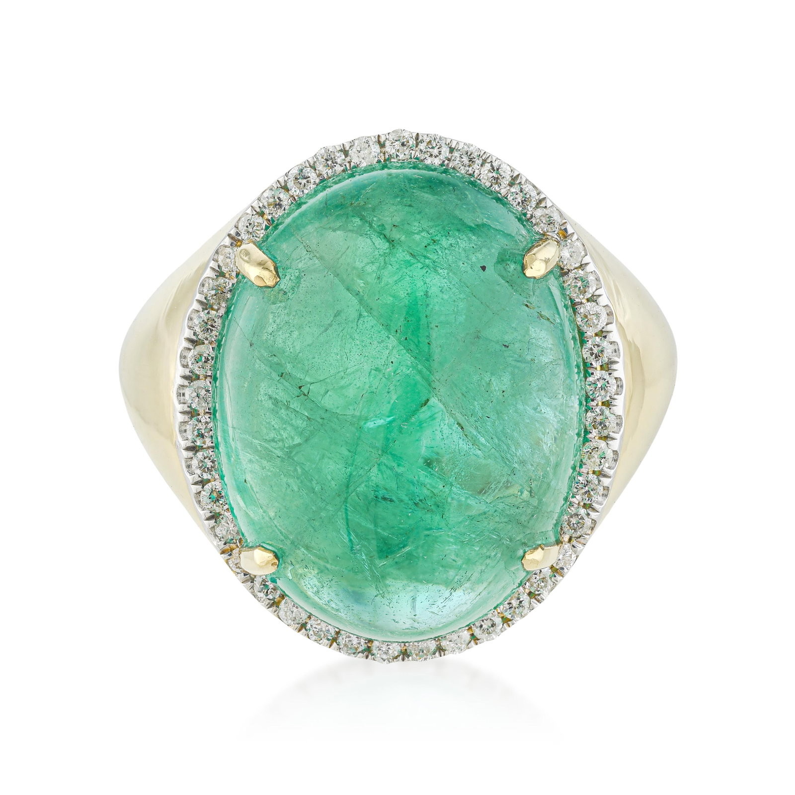 Large Emerald Cabochon and Diamond Ring: ESTIMATED RETAIL PRICE: $11,000* *This is the estimated value a piece of similar quality, craftsmanship, and characteristics could command at retail. A 17-carat emerald cabochon is a stone of serious