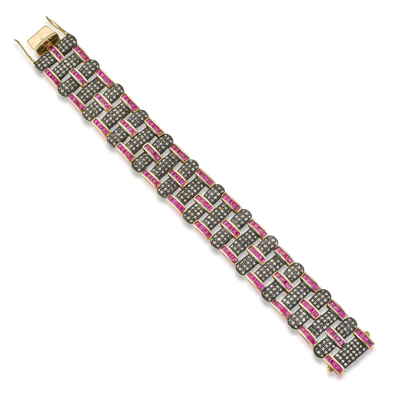 Burma Ruby and Diamond Woven Link Bracelet: ESTIMATED RETAIL PRICE: $9,500 * *This is the estimated value a piece of similar quality, craftsmanship, and characteristics could command at retail. Burma square-cut rubies and rose-cut diamonds