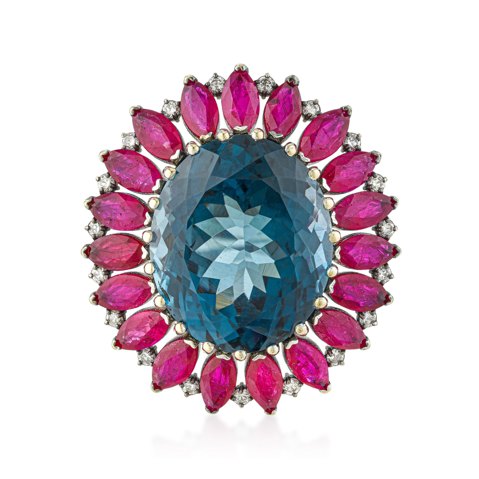 Blue Topaz Ruby and Diamond Ring: ESTIMATED RETAIL PRICE: $6,500* *This is the estimated value a piece of similar quality, craftsmanship, and characteristics could command at retail. The architectural ambition of this cocktail ring