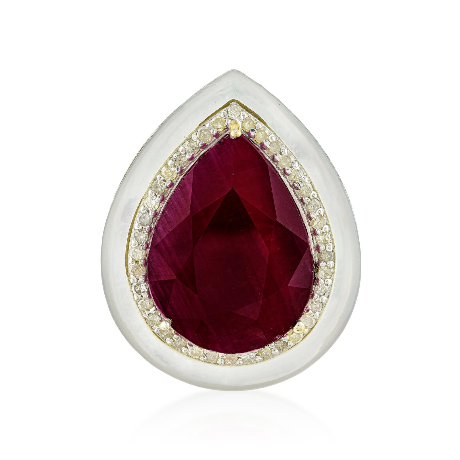 Pear Shape Ruby White Enamel and Diamond Ring, GIA Certified: ESTIMATED RETAIL PRICE: $2,200* *This is the estimated value a piece of similar quality, craftsmanship, and characteristics could command at retail. A 10-carat unheated ruby is the specification that