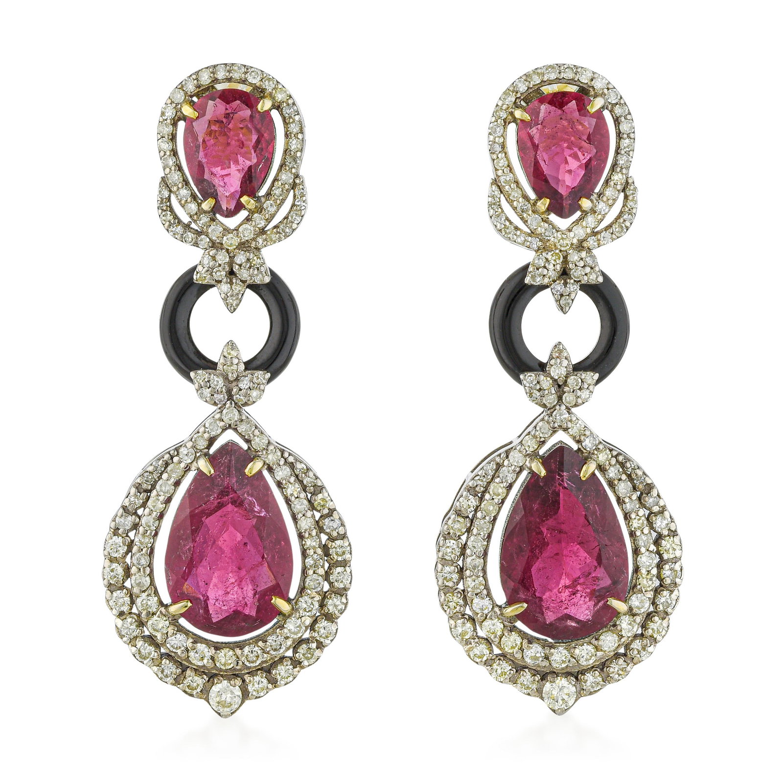 Rubellite and Black Onyx Diamond Earrings: ESTIMATED RETAIL PRICE: $2,500 * *This is the estimated value a piece of similar quality, craftsmanship, and characteristics could command at retail. Rubellite against black onyx is one of the most