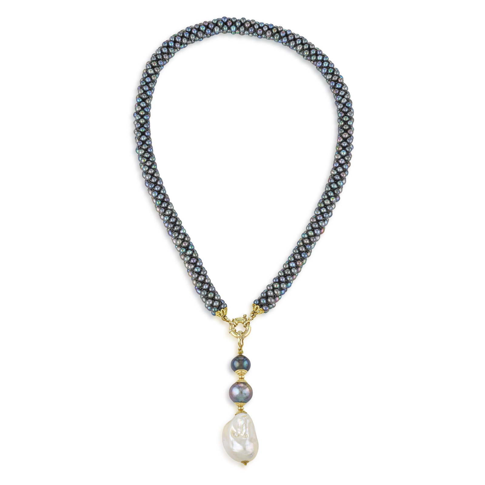 Black Pearl Square-Woven Necklace with Ombre Drop Tassel: ESTIMATED RETAIL PRICE: $2,500* *This is the estimated value a piece of similar quality, craftsmanship, and characteristics could command at retail. The square-woven pearl technique transforms what