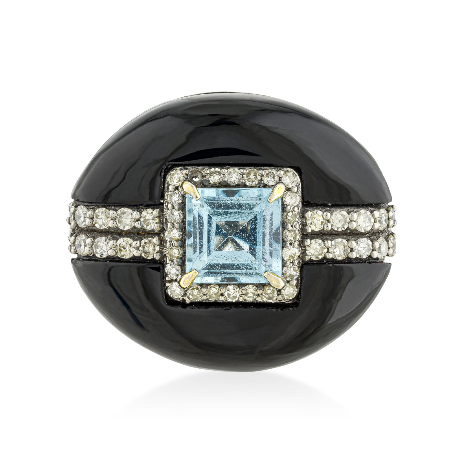 Aquamarine Black Onyx and Diamond Ring: ESTIMATED RETAIL PRICE: $1,100* *This is the estimated value a piece of similar quality, craftsmanship, and characteristics could command at retail. Black onyx as a ring's dominant material is a