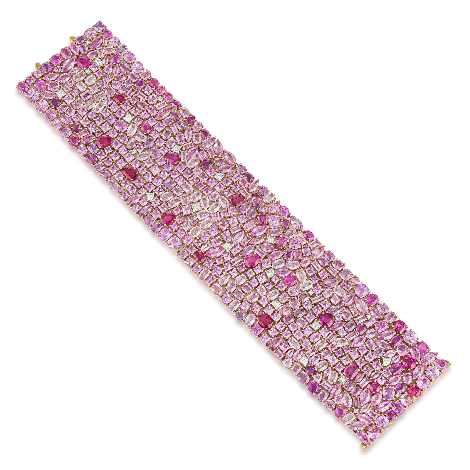 Pink Sapphire and Diamond Wide Bracelet: ESTIMATED RETAIL PRICE: $100,000* *This is the estimated value a piece of similar quality, craftsmanship, and characteristics could command at retail. Four hundred and eighty-five pink sapphires total
