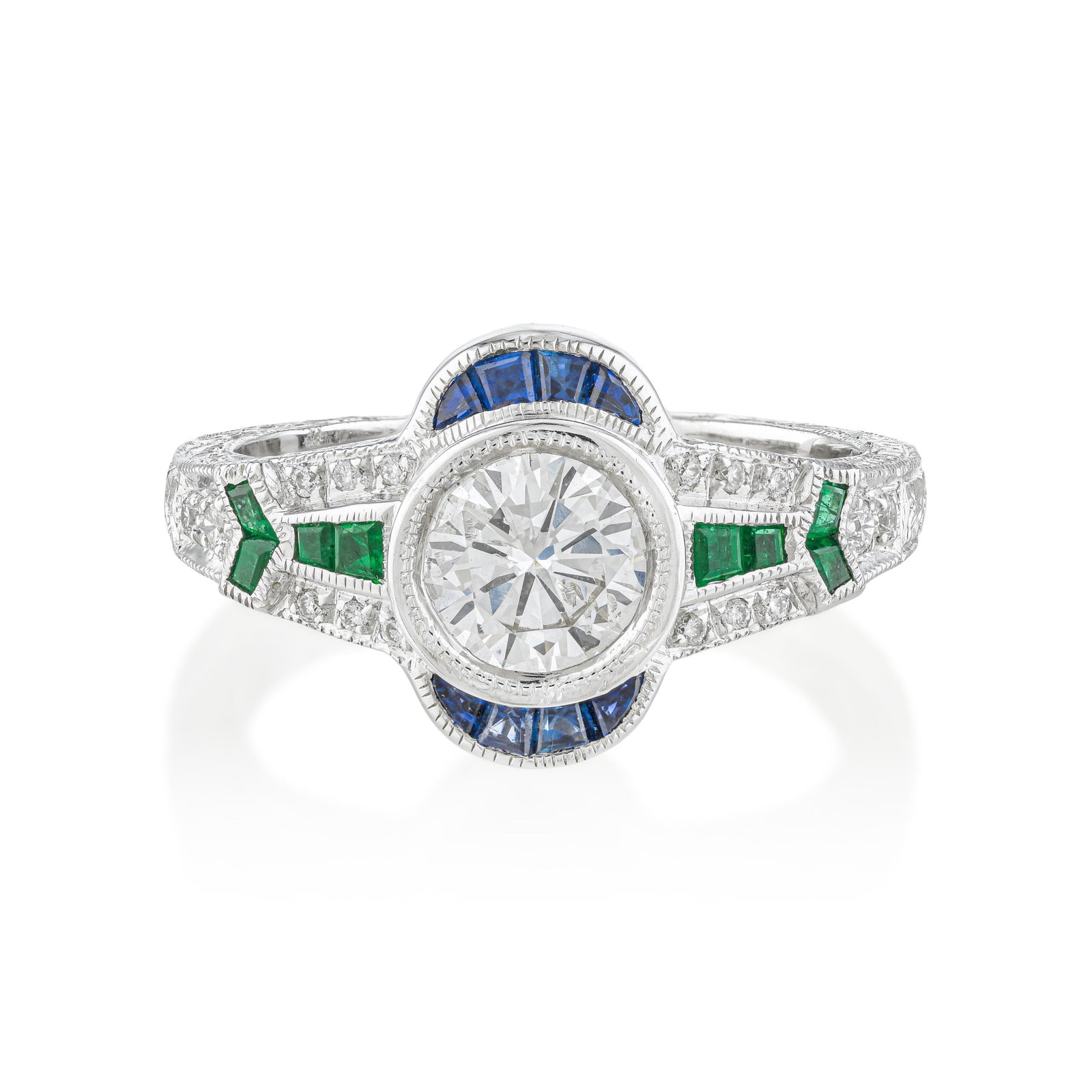 Diamond Sapphire and Emerald Art Deco Style Ring: ESTIMATED RETAIL PRICE: $5,500 * *This is the estimated value a piece of similar quality, craftsmanship, and characteristics could command at retail. The label matters here: this is Art Deco style, a